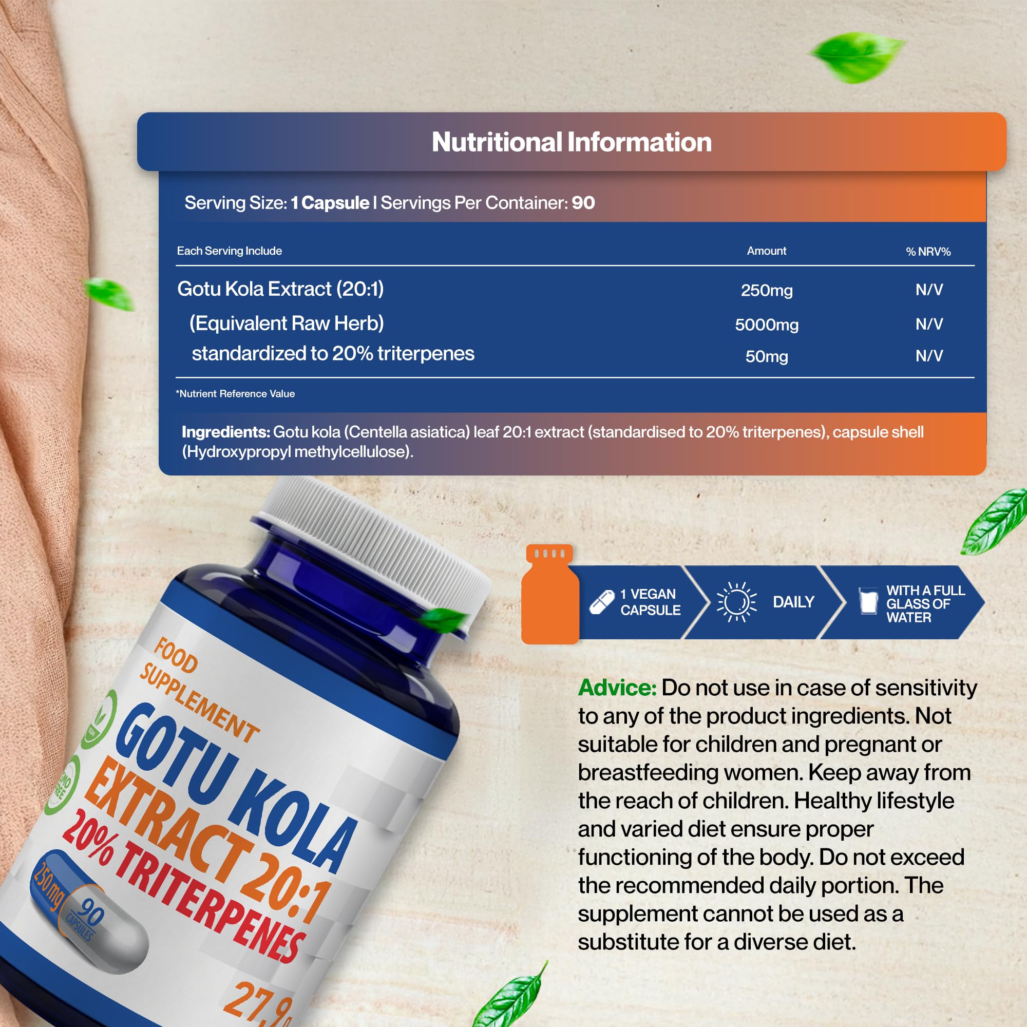 Hepatica Gotu Kola (Centella Asiatica) 5.000 mg Equivalente | Estratto 20:1 da 250 mg Standardizzato al 20% di Triterpeni | 90 Capsule Vegane | GMP & laboratorio indipendente