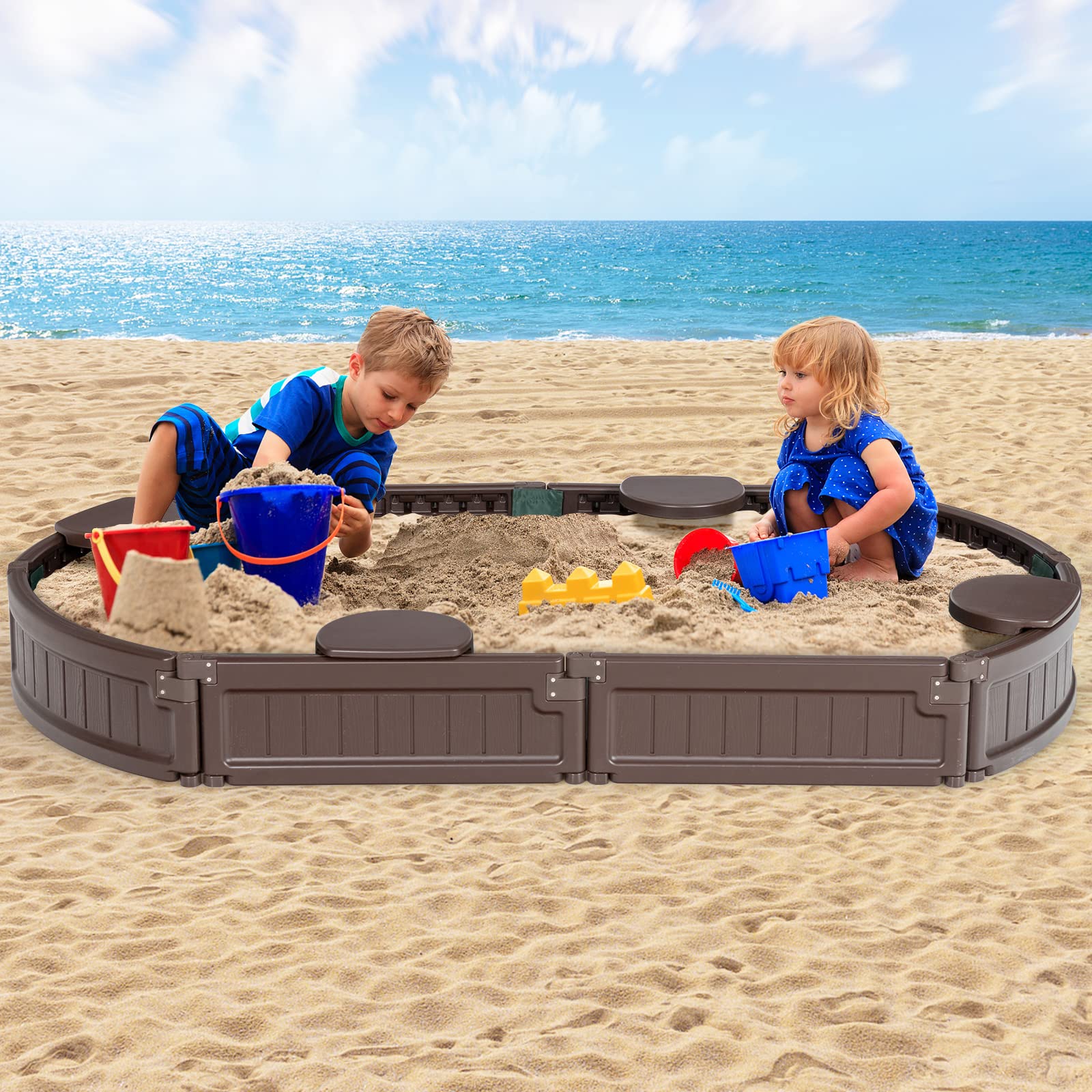 GYMAX Sabbiera per Bambini, Sabbiera con 4 Sedili Staccabili, Sabbiera con Coperchio Impermeabile e Antipolvere, 183 x 105 x 21cm, per Bambini di 3 Anni e più, per Piscina & Giardino, Marrone