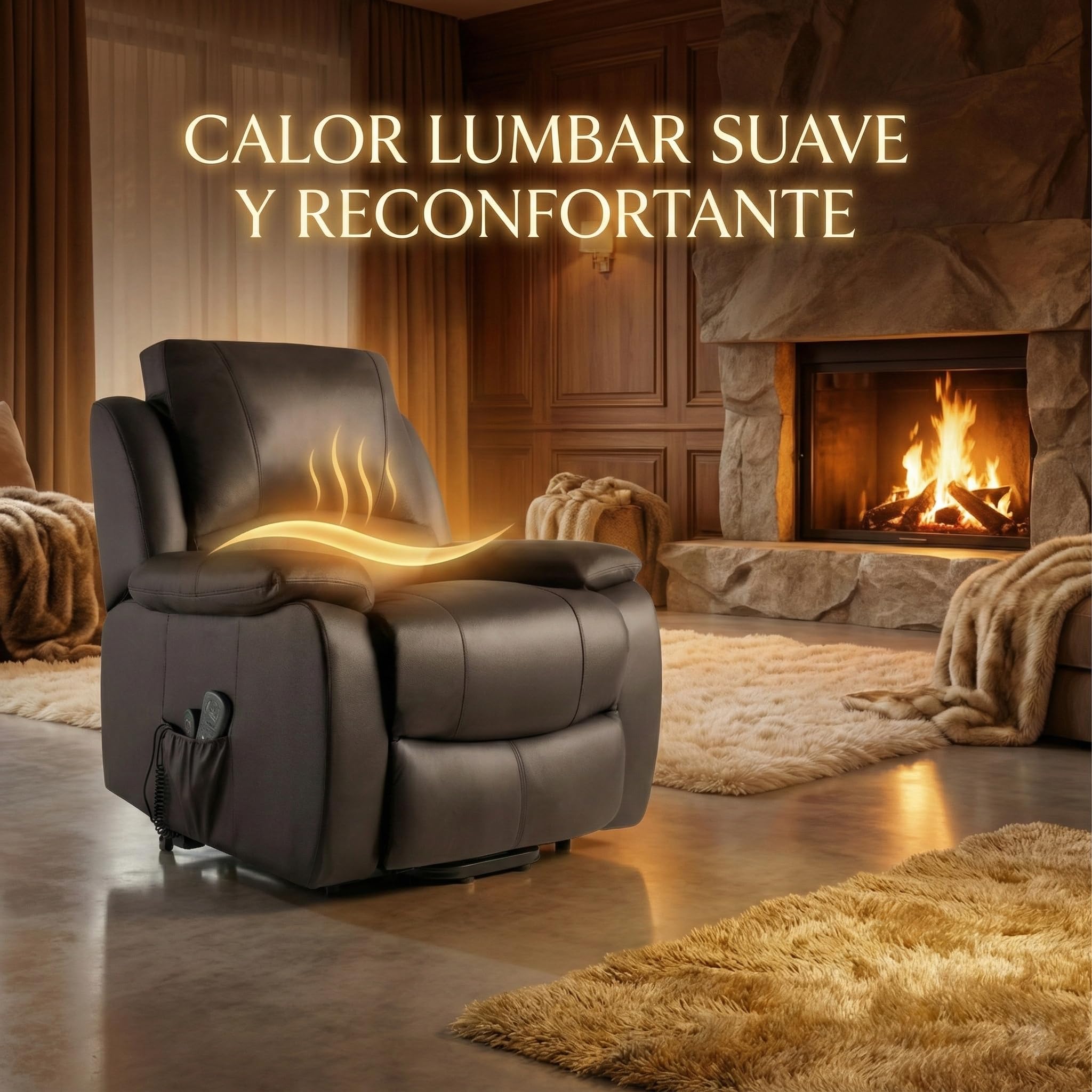 ECODE® Sillón Reclinable de Piel de Vacuno con Masaje y Calor Lumbar - Levantapersonas Eléctrico para Mayor Confort Diario en Personas Mayores Ideal para Ver TV
