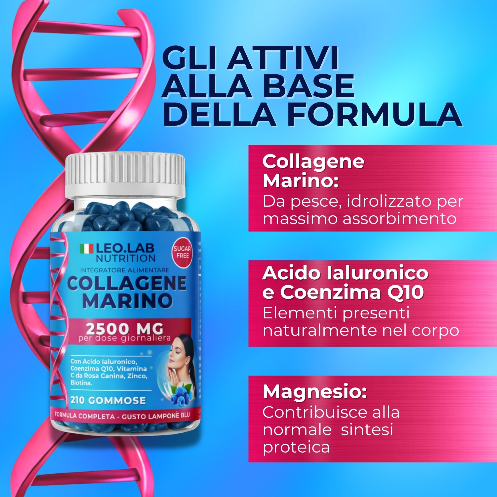 Collagene Marino con Acido Ialuronico 2500mg 210 Gummies - Con Vitamina C, A, Zinco Q10 per la Funzione e Mantenimento della Pelle, Capelli e Unghie