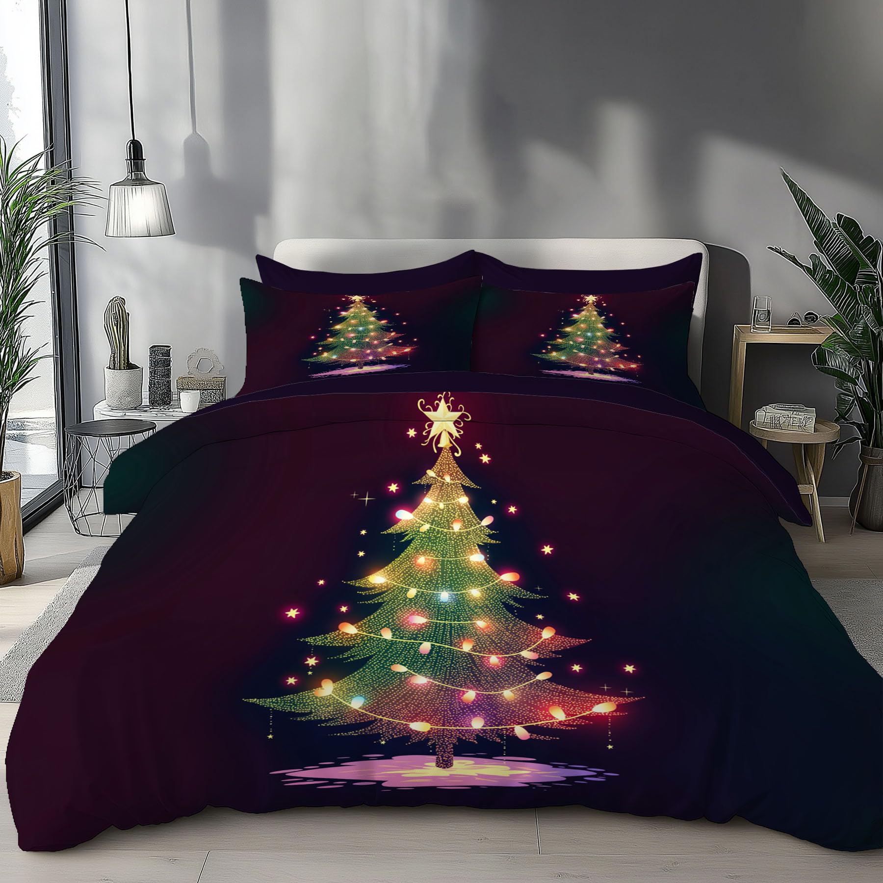 Housse de couette arbre de Noël 220x240cm avec ses taies d'oreiller assorties en vert et jaune