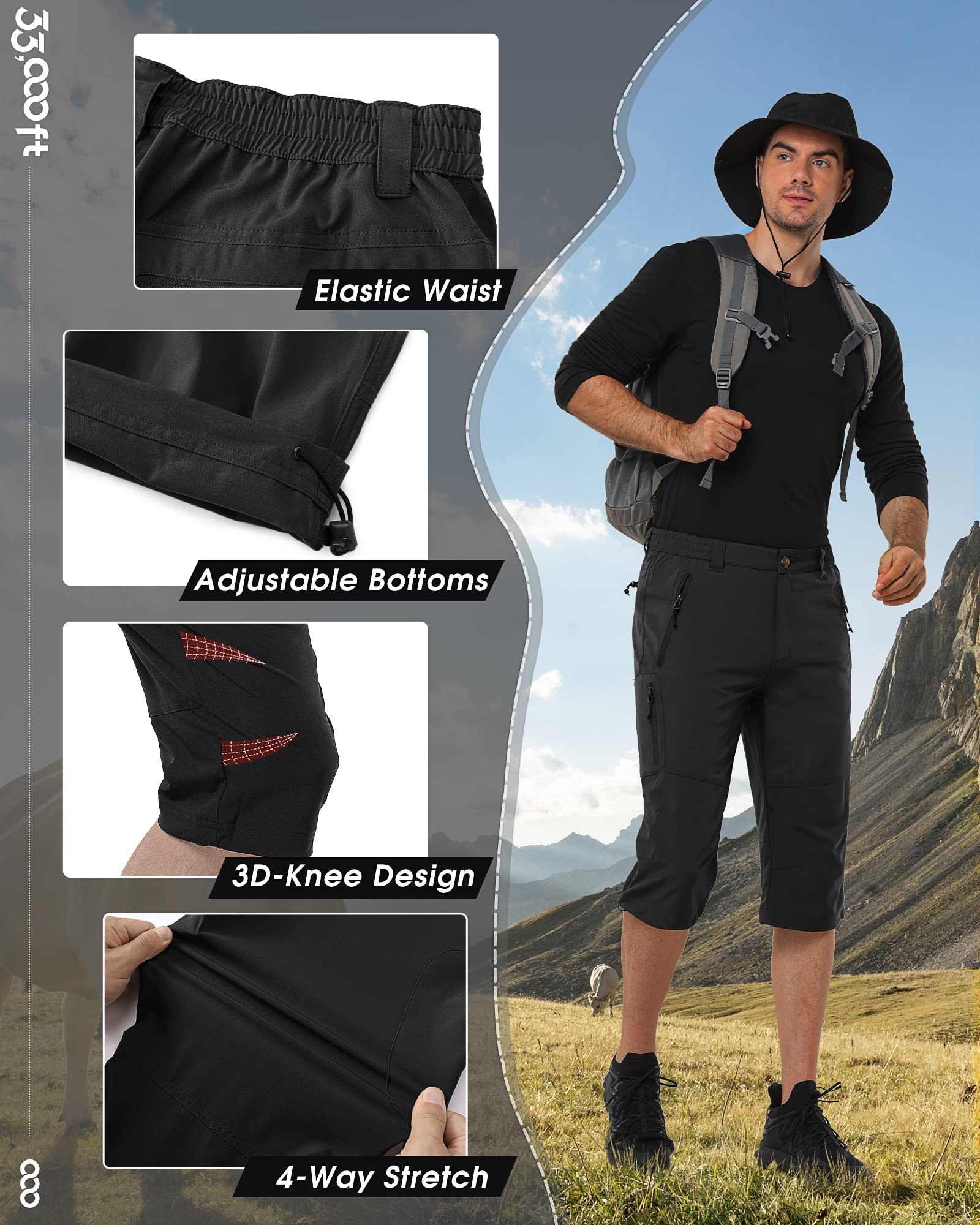 33,000ft Herren 3/4 Hose Cargo Shorts Kurze Wanderhose Stretch Leichte Radhose Sommer Capri Dreiviertel Hose Outdoor Shorts UPF 50+ mit Viele Taschen für Wandern Laufen Radfahren