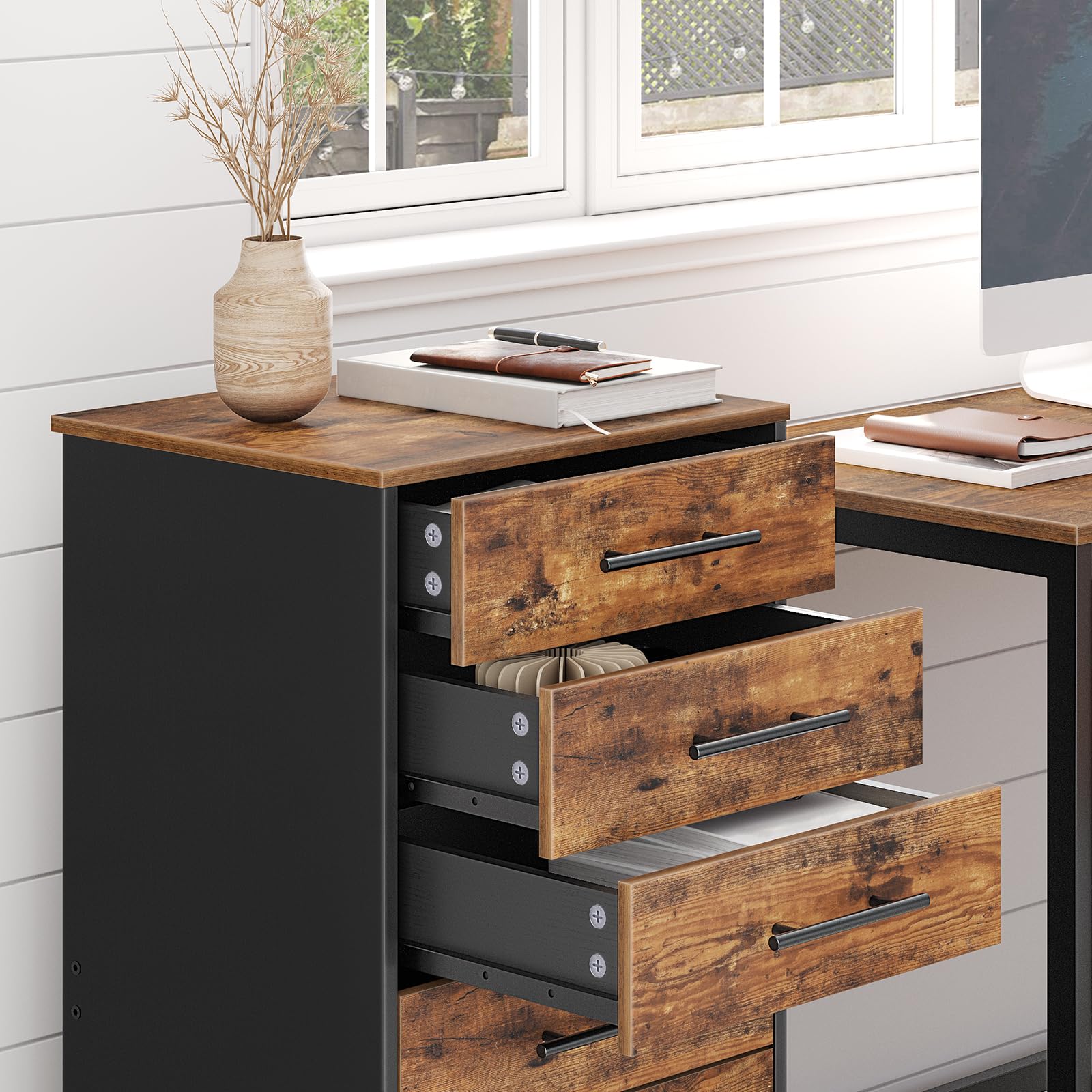 HOOBRO Rollcontainer mit 7 Schubladen, Aktenschrank, Holz Büroschrank, Büromöbel mit Schubladen, Aufbewahrungscontainer, für Büro, Arbeitszimmer, Einfache Montage, Vintagebraun und Schwarz EBF07WJ01