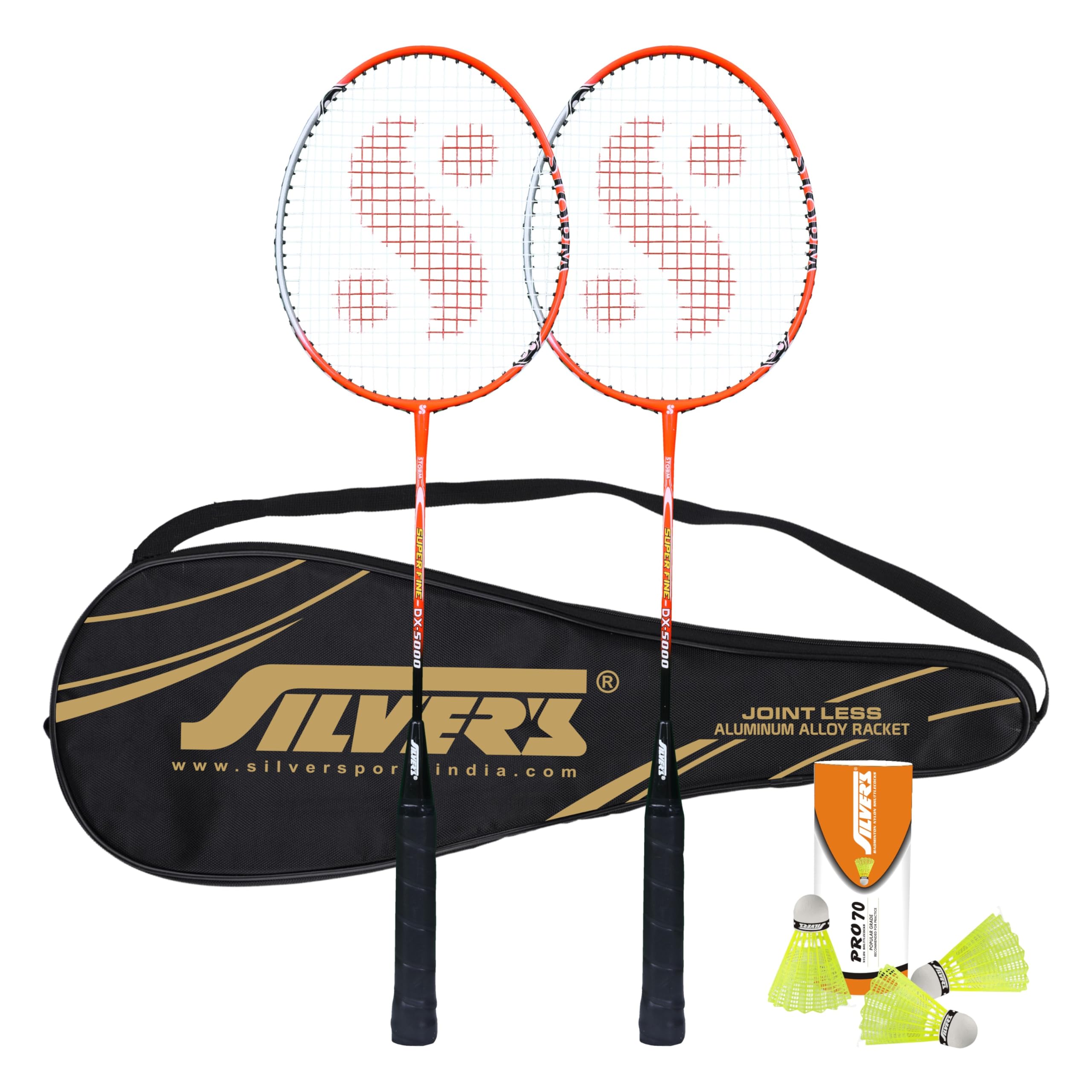 Silver's Jointless Aluminium Alloy Composite Storm Badminton Kit (2 Racquets with Full Cover, 1 Box Nylon Shuttlecock Pack of 3)(Red/Silver)