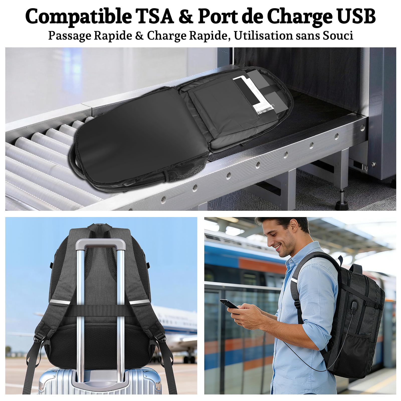 Sac à Dos Ordinateur 17,3 Pouces Homme, Sac PC Grande Capacité 35L Imperméable avec Port USB, Sac à Dos Antivol pour Travail, Université et Voyage Cabine