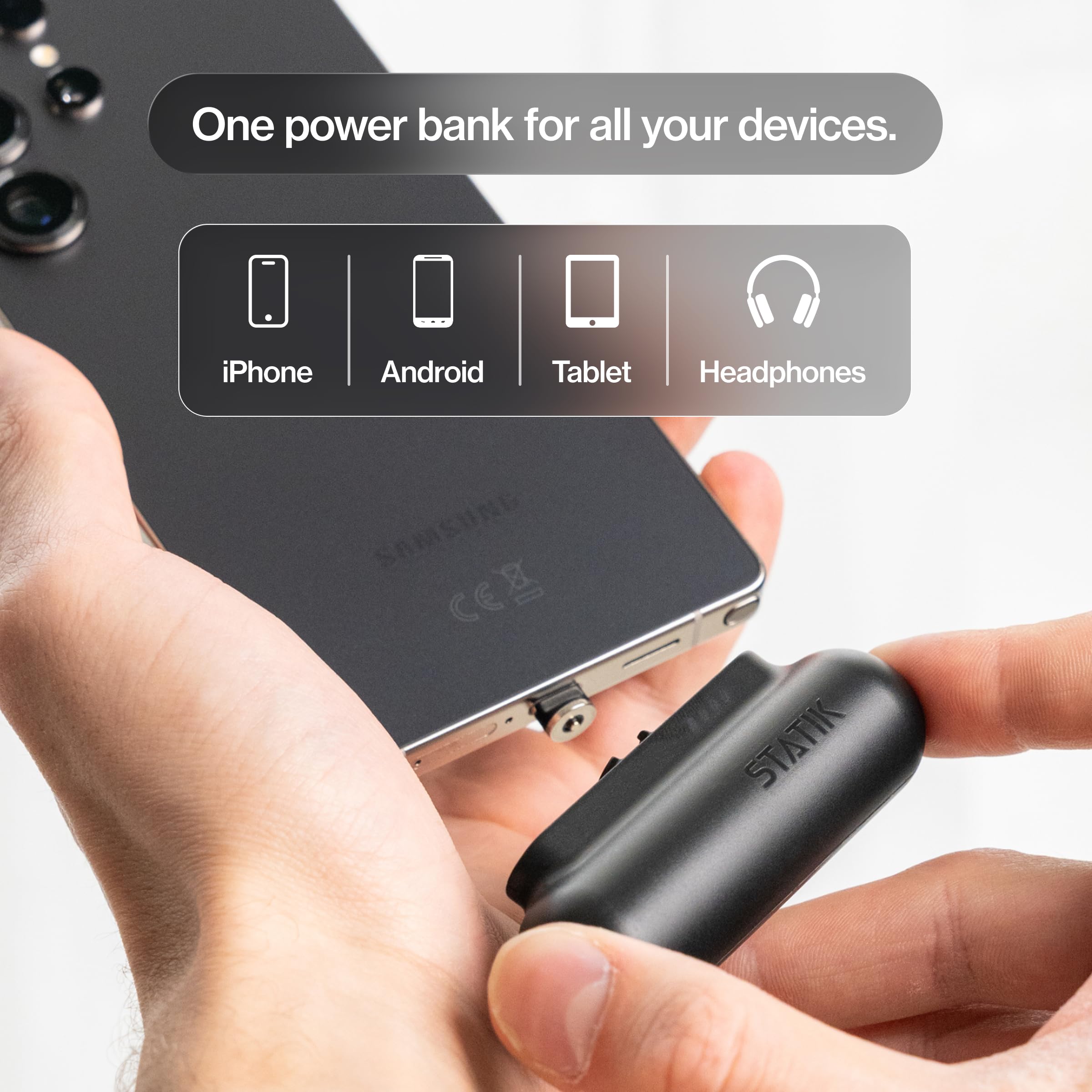 STATIK Snap-N-Charge (Gen 3) - Mini power bank, caricabatterie portatile per tutti i dispositivi, adattatori magnetici 3 in 1 (USB-C, micro USB, iProduct), compatto, 3200 mAh, 10 W, nero, confezione
