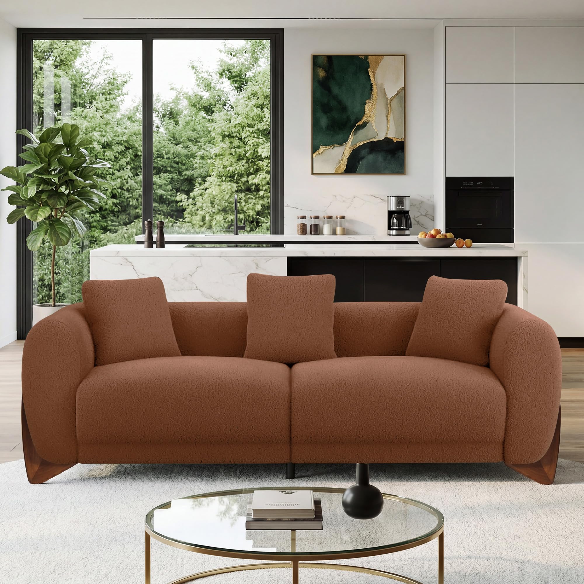 87" sherpa boucle cloud couch with ottoman, deep seat modern 3 seater sofa with solid wood legs 25" extra comfy thick cushion upholstered sofa couches with 3 pillows for living room, caramel