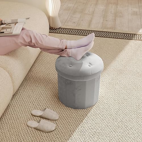 Miniatura 2 de Ablon Otomana de almacenamiento de terciopelo, cajas de almacenamiento redondas con asiento acolchado suave, reposapiés plegable y organizador para