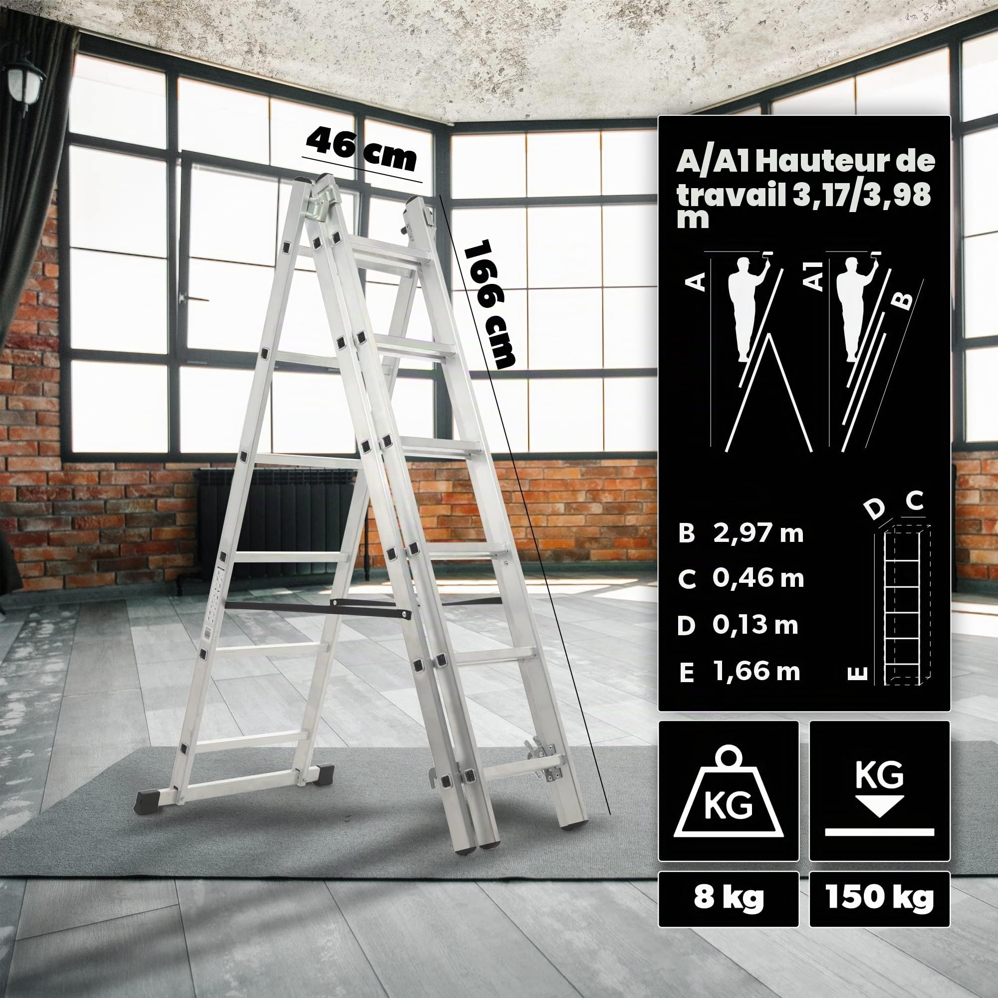 KADAX Échelle Transformable de 3 Plans, Échelle Coulissante en Aluminium, Échelle Double pour Travaux Domestiques et Professionnels (6 Marches)