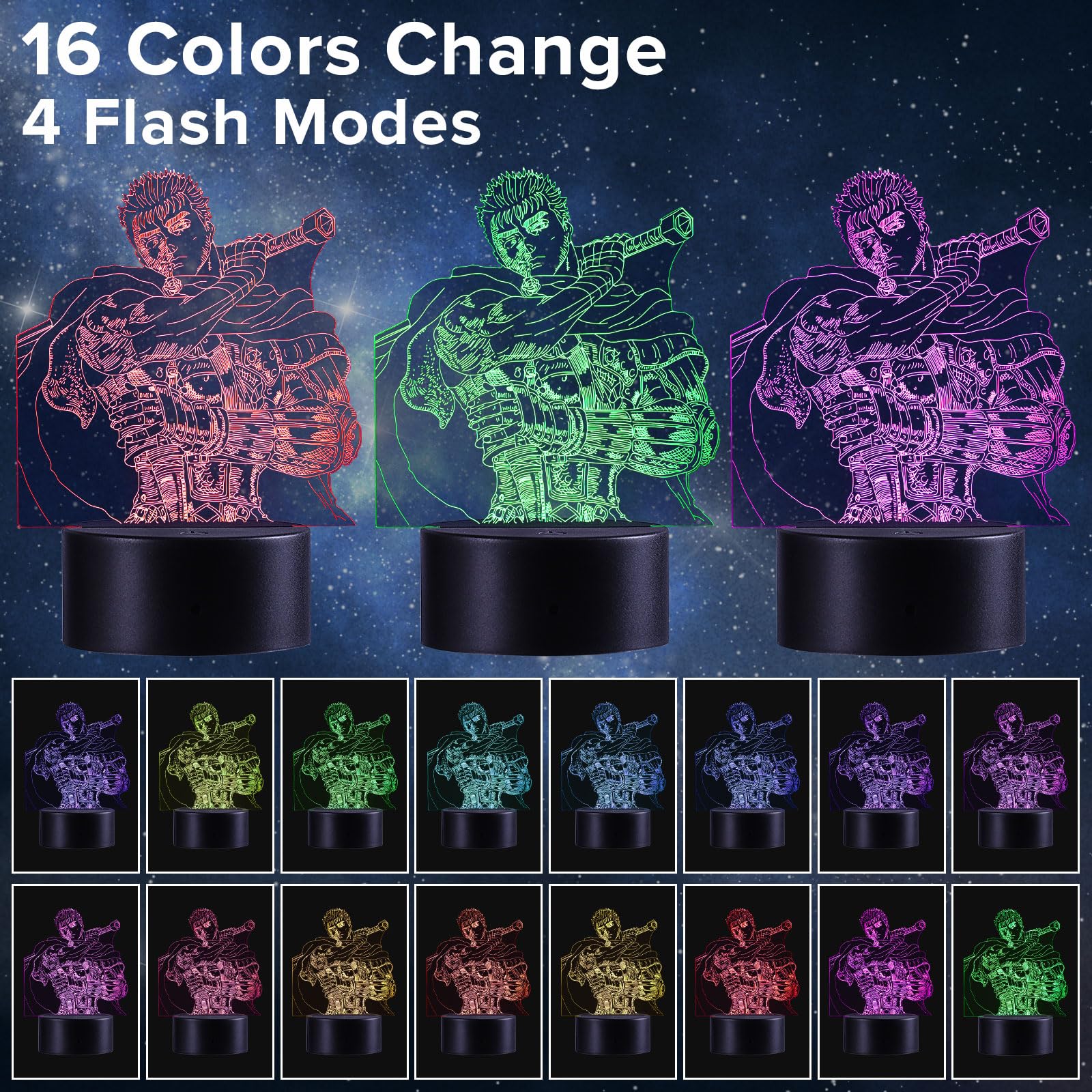 QQAAMZ Manga Berserk Lampada 3d Illusione Lampe Touch Bambini Home Decor Berserk Guts Luce Notturna,Led Sensor Gadget,Anime Usb Lampada Da Tavolo Da Tavolo Regalo Natale 3 In 1