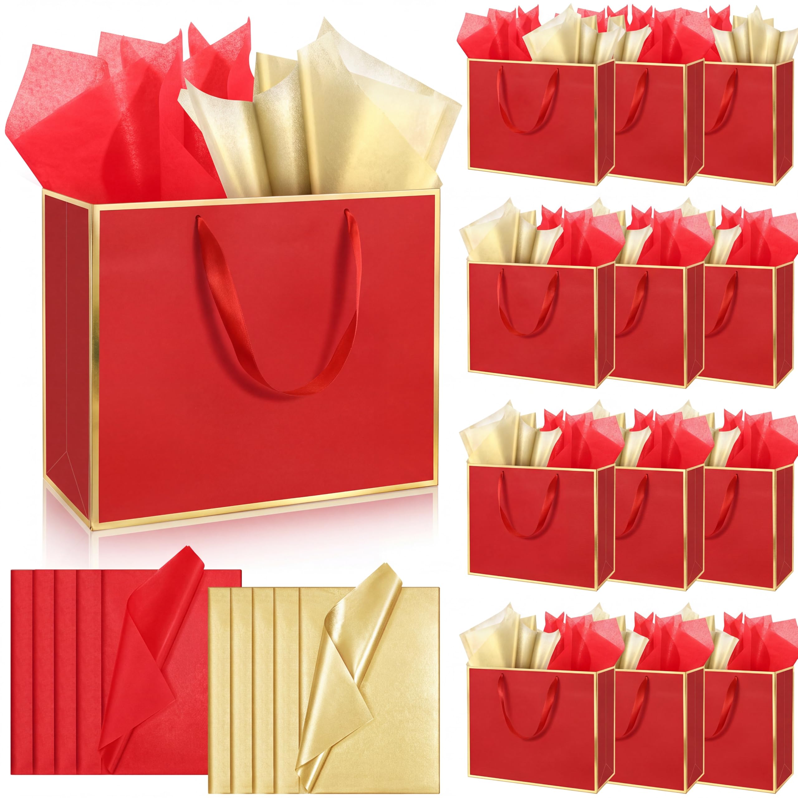 ReliThick 12 Pack Paper Gift Bag with Handles &amp; Tissue, Red, Gold