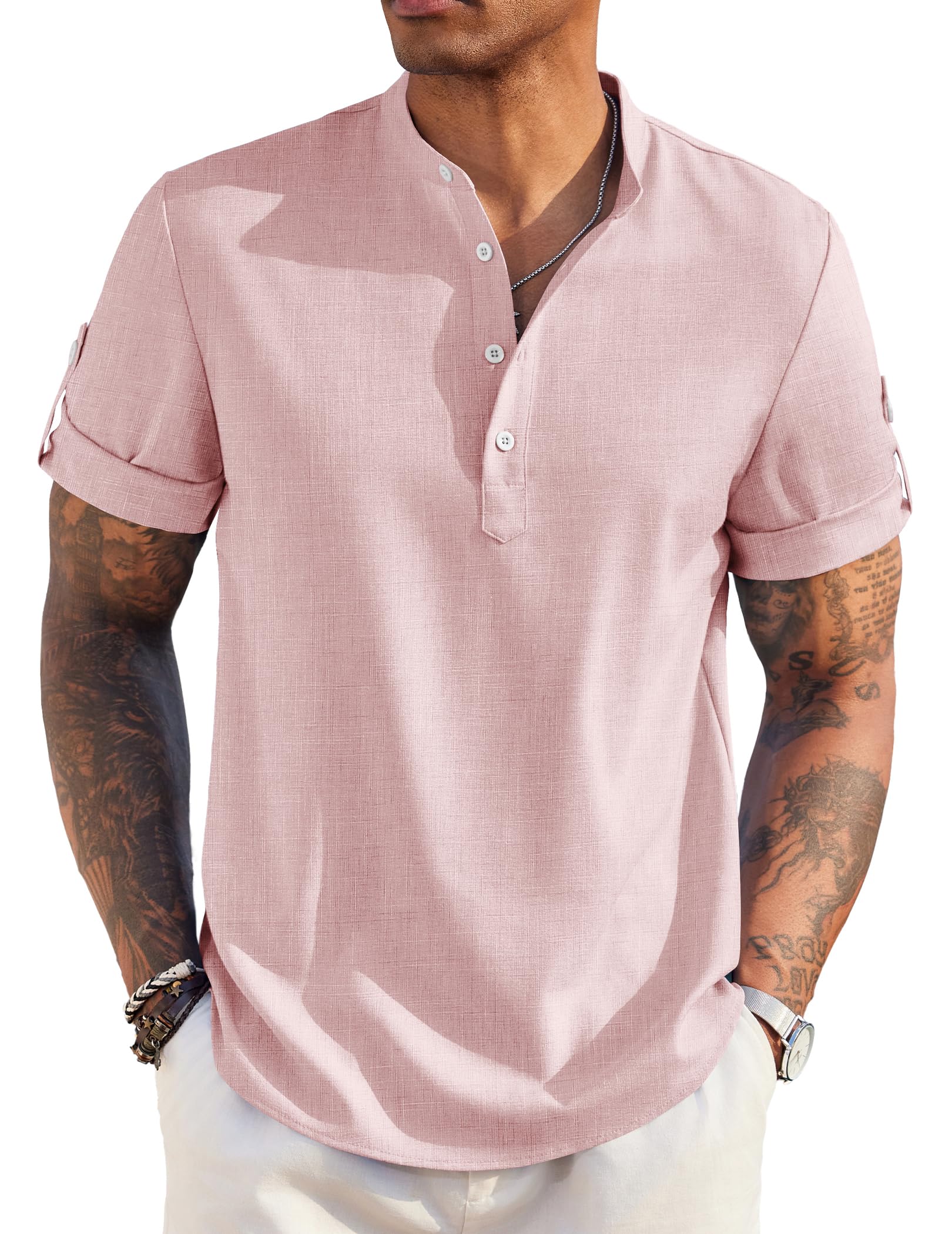 COOFANDY Henley overhemd voor heren, korte mouwen, zomershirt, vakantie, vrijetijdshemden, opstaande kraag, casual strandhemd, wit, XXL