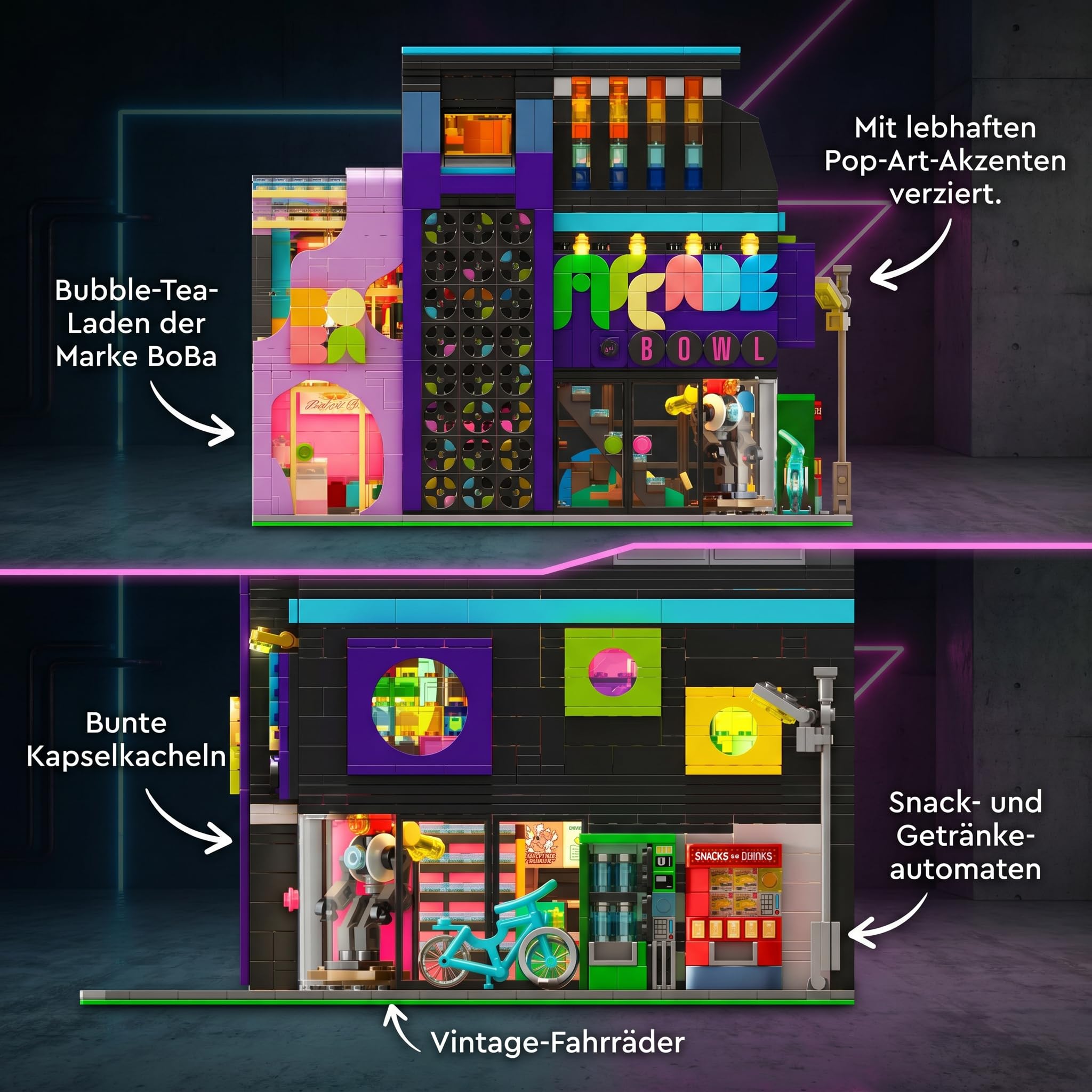 Klemmbausteine Cyberpunk Spielhalle, 2600 Teile | Retro Arcade Modular Building, Zukünftige Stadt Haus Bausatz für Erwachsene, Kompatibel mit Barweer BWR004