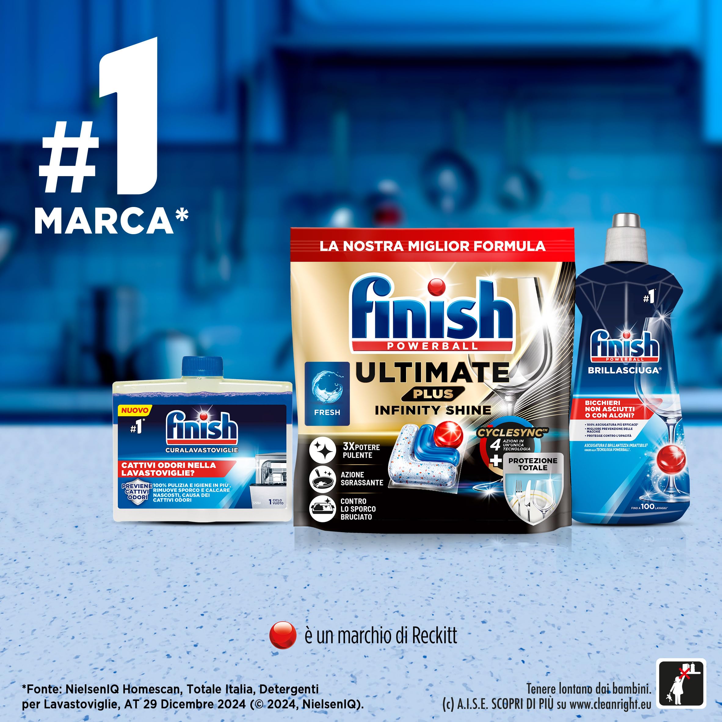 Finish Ultimate PLUS Infinity Shine Pastiglie Lavastoviglie al Limone, 105 Capsule con Scudo Protettivo contro lo Sporco e i Residui Incrostati