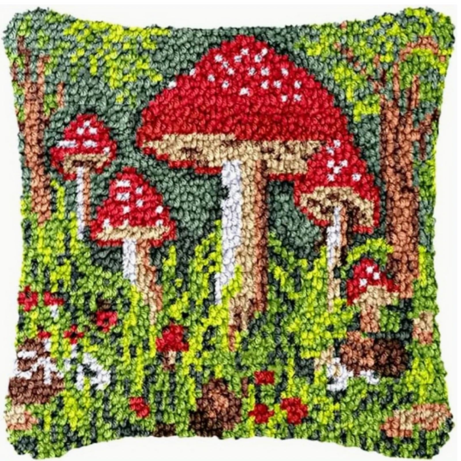 ANSIWEIGO DIY Stamped Pillow Latch Hook Kit Forest Mushrooms Sewing Making Kits Pillow Cover Sofa Cushion Cover Craft Kits for Beginners Adults 17x17 in