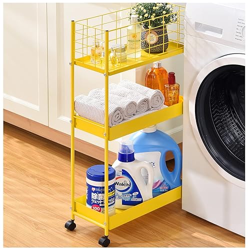KINGRACK Slim Storage Cart,3-Tier Metal Utility Rolling Cart with Lockable Wheels, Storage Craft Art Cart Trolley Organizer Serving Cart for Bathroom, Living Room, Kids' Room, Classroom,Yellow