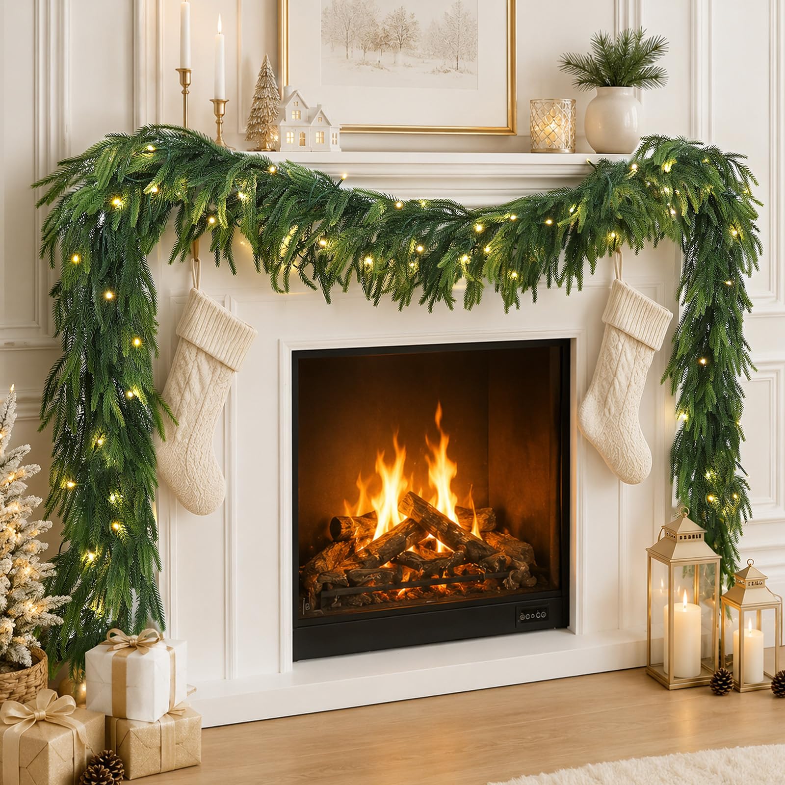 9FT Christmas Norfolk Pine Garland With Lights, Real Touch Pine Artificial Garlands Faux Greenery Garland Winter Christmas Garland for Table Mantle Fireplace Indoor Outdoor Xmas Decorations (1 Pcs)