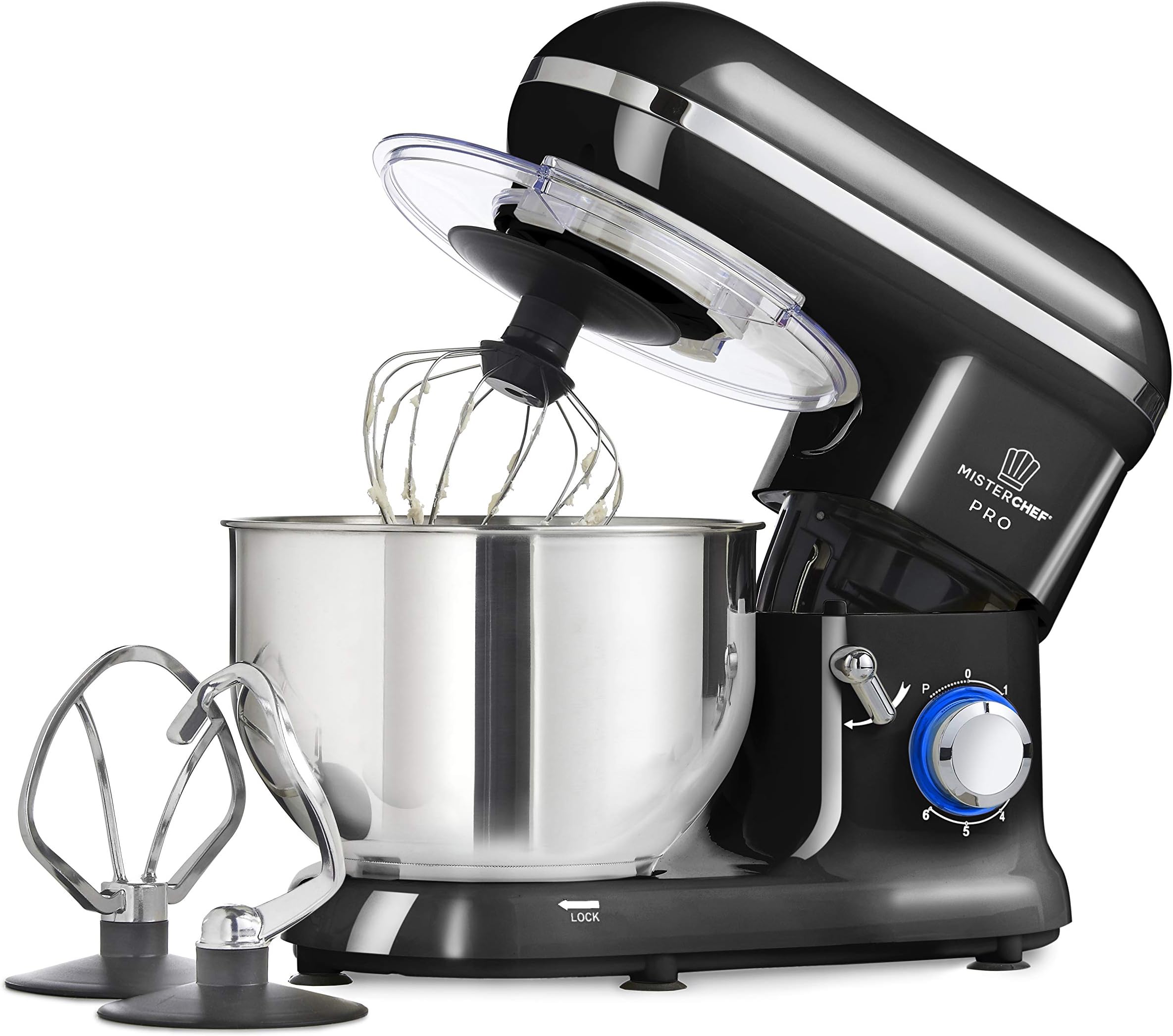 MisterChef PRO Professional Electric Kitchen 1600W Food Stand Mixer BLACK - BIG BOWL - 3 Attachments: Eggbeater, Dough Hook & Stainless Steel Whisk - 5.5L Stainless Steel Bowl