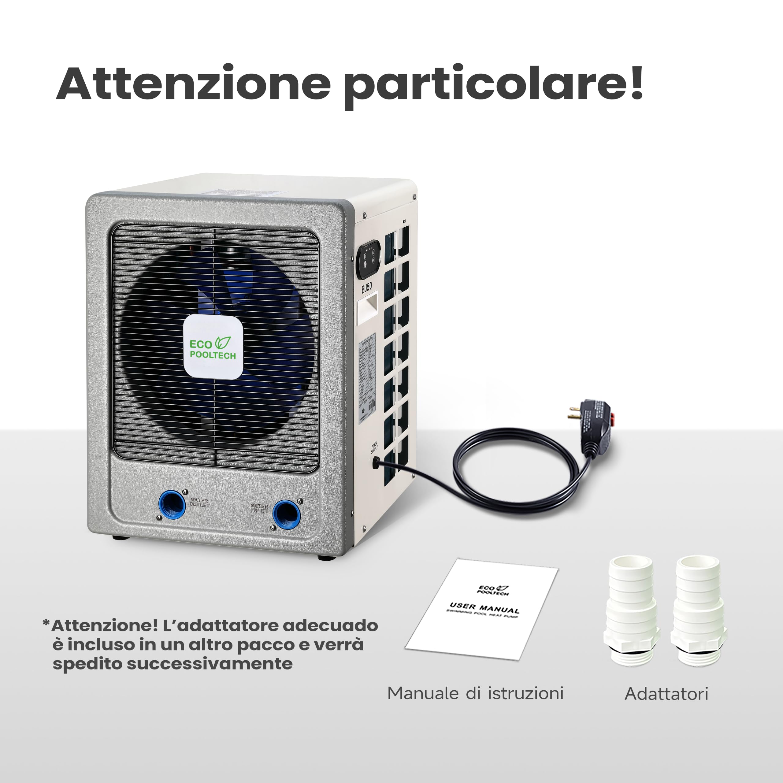 ECOPOOLTECH Pompa di calore inverter per piscina fino a 50 m³, potenza di riscaldamento max 6 kW, compressore Turbo-X, scambiatore di calore in titanio per piscine con acqua salata, Plug & Play, nota