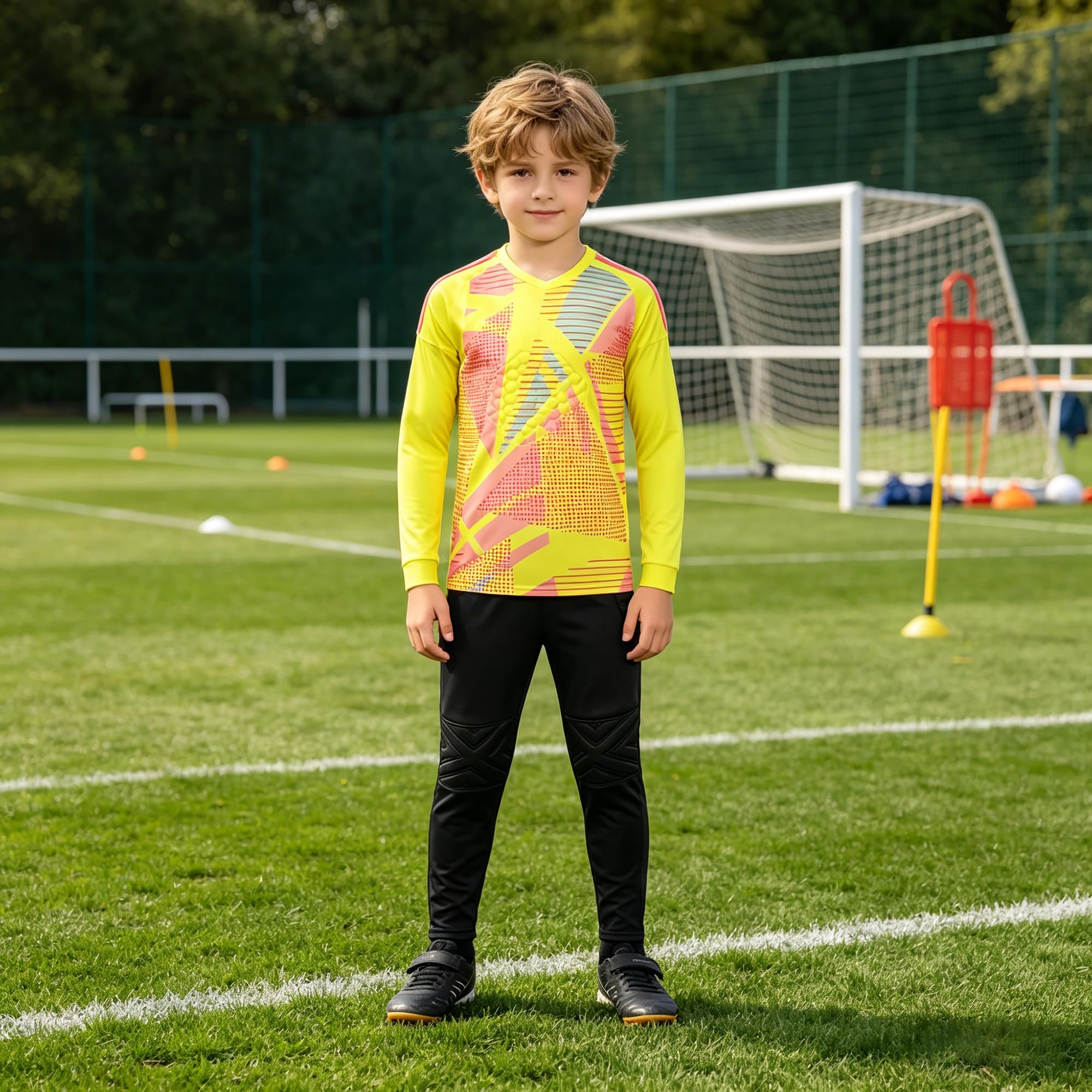 Maglia da portiere per adulti e bambini, traspirante, con pantaloncini, set da calcio, con imbottitura imbottita, attrezzatura da portiere