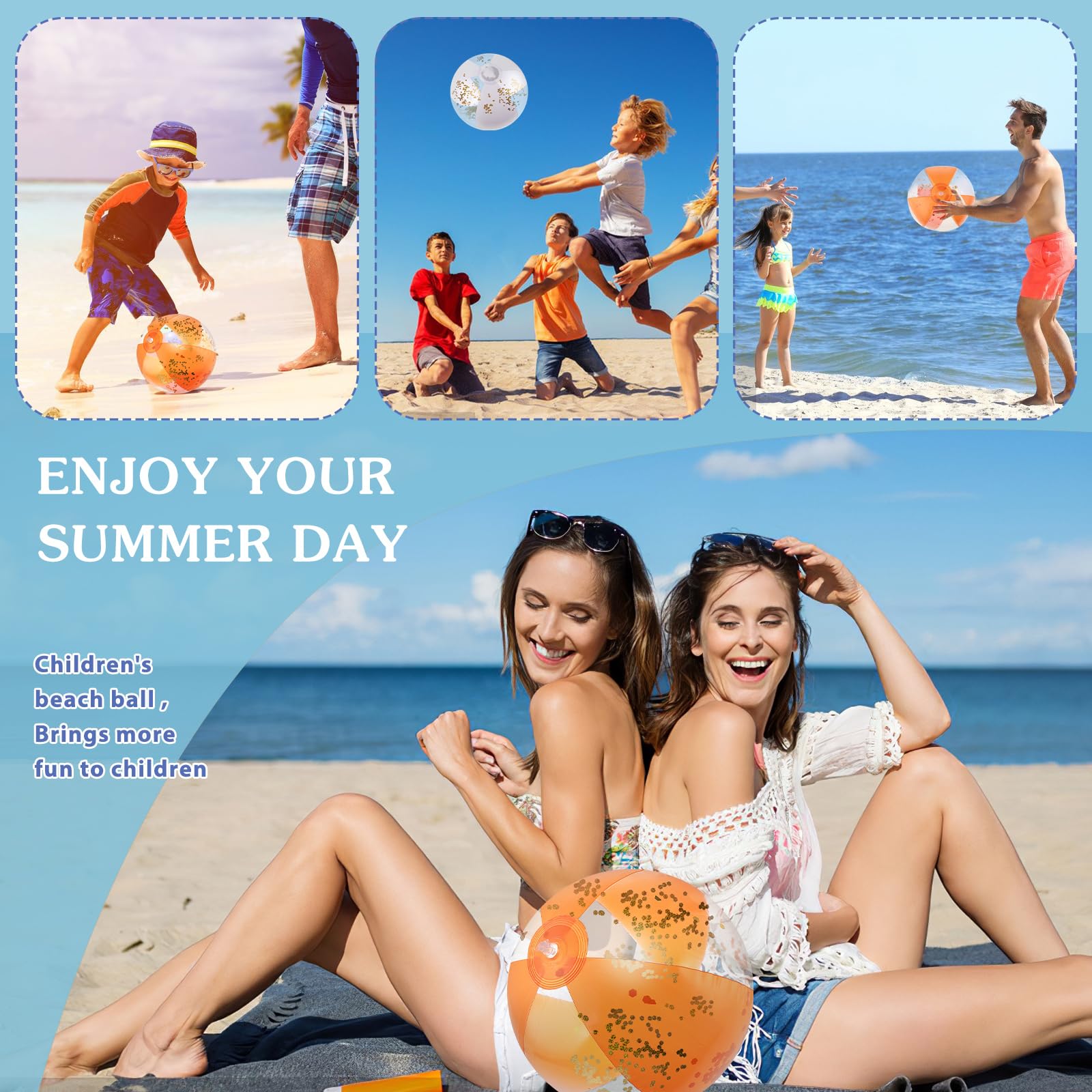 2 Pack 11 Inch Glitter Beach Balls - Abeillo Inflatable Beach Balls - Confetti Ball Water Toys Beach Toys for Beach, Pool Games and Summer Party Favors - Image 3