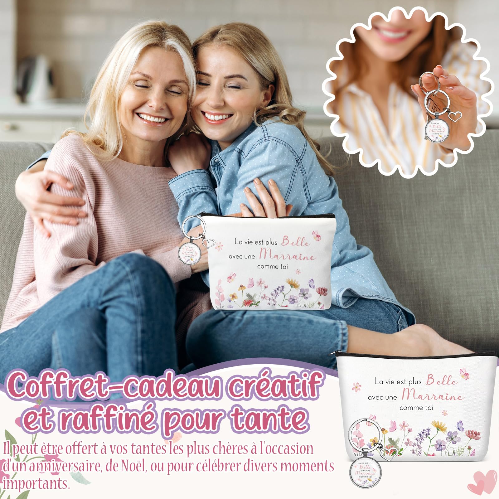 Hestya Coffret Cadeau Marraine avec Trousse de Maquillage et Porte-Clés | Sac Cosmétique en Toile et Porte-Clés en Alliage de Zinc et Verre, Idée Cadeau pour Noël, Anniversaire, Baptême, Remerciement - 5