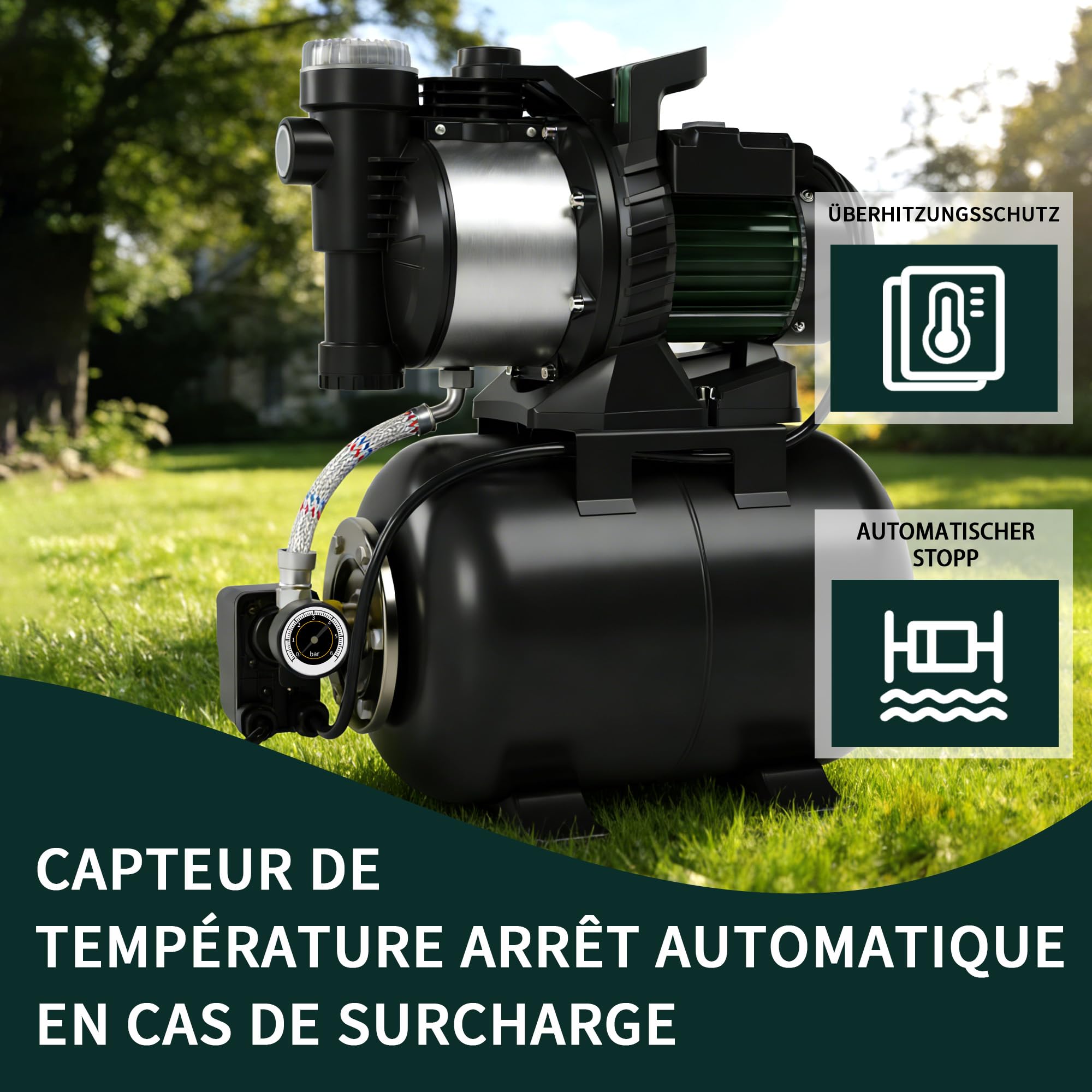 LANCHEZ Groupe Hydrophore 5000 L/H, Moteur 1300 W, Hauteur de Refoulement 50 m, Acier Inoxydable, Pompe de Surpression avec Réservoir 19L et Manomètre, Filtre, Raccord d'Eau et Vidange
