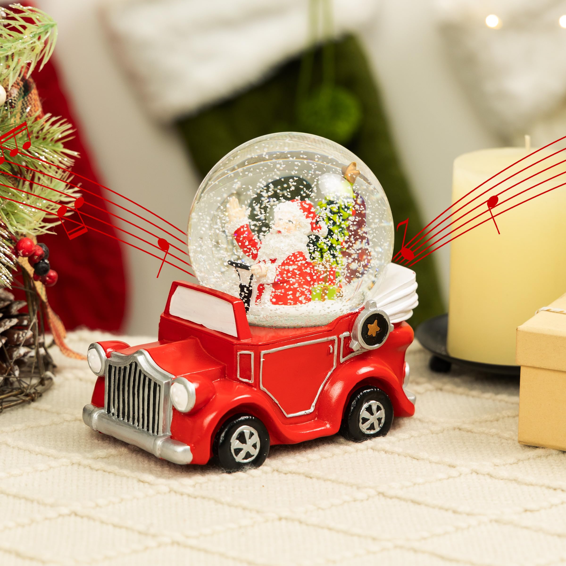 Coche Vintage Rojo con Globo de Nieve de Papá Noel para Salón