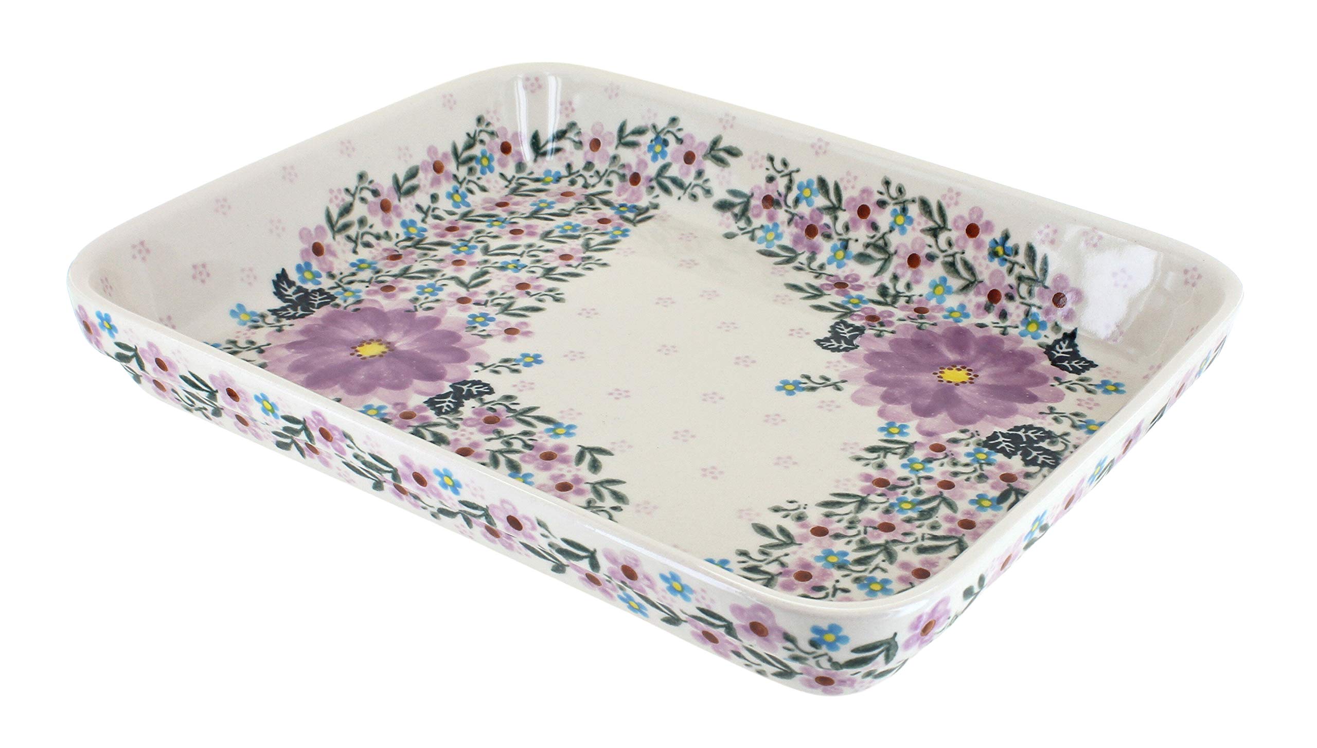 Blue Rose Polish Pottery Lilac Garden Medium Rectangular Baker