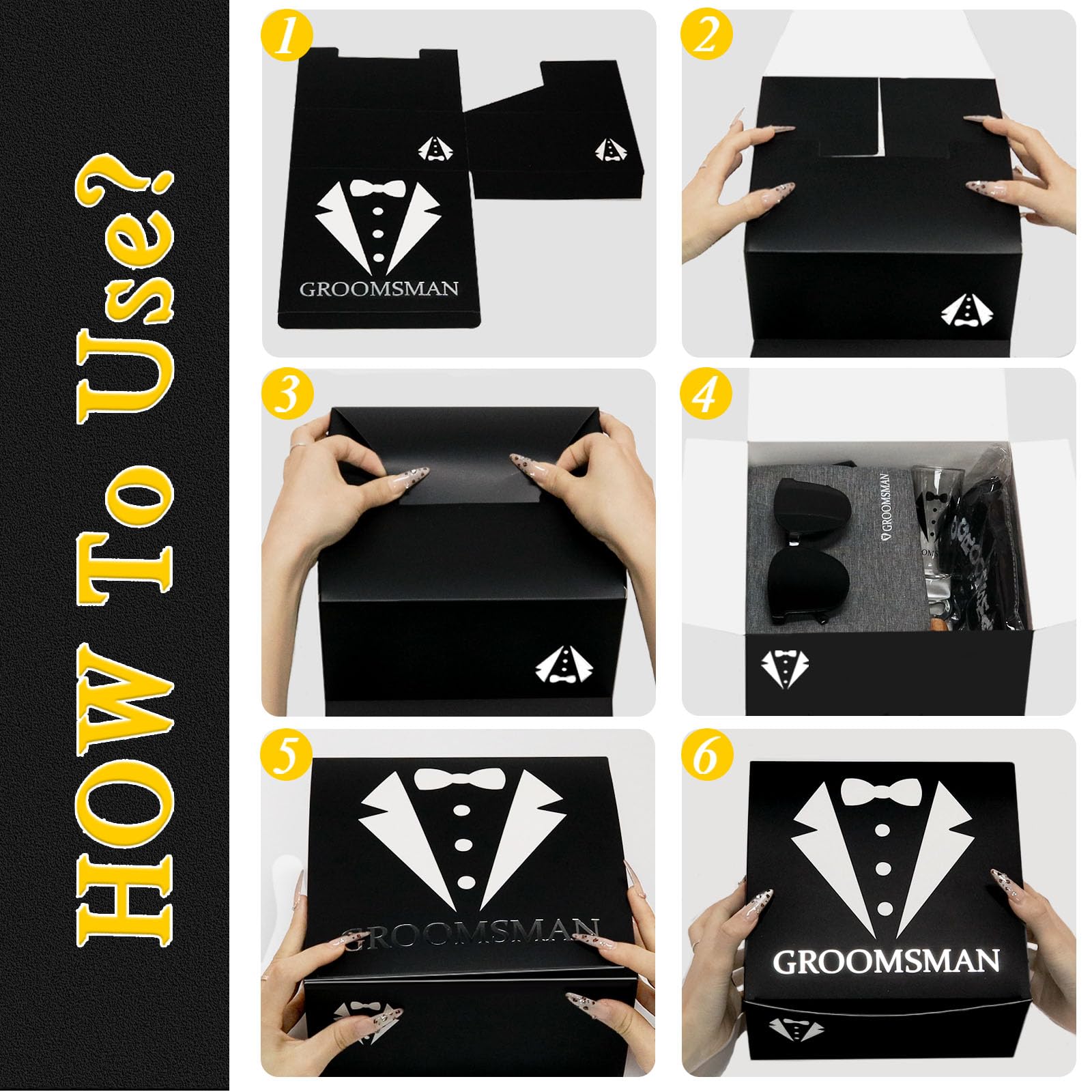 Groomsmens Gifts Set of 5,Groom Best Man Groomsmen Proposal Gifts,2oz Shot Glass,Black Sunglasses,Oxford Bags,Bottle Openers,Black Proposal Boxes,Socks,Wedding Bachelor Party for Groom