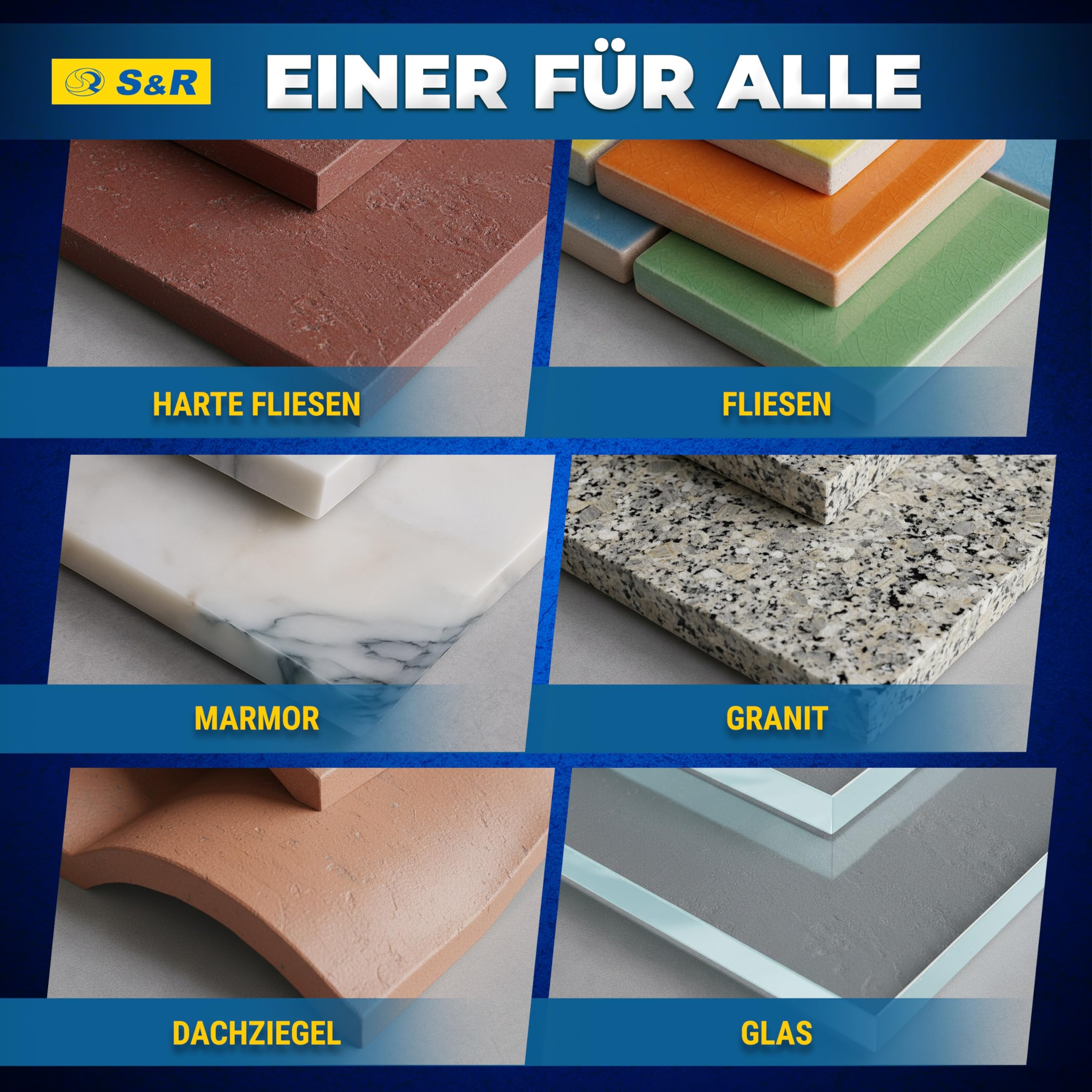 S&R Professional Keramikbohrer Set 5-tlg, Fliesenbohrer 4mm 5mm 6mm 8mm 10mm, für Feinsteinzeug, Keramik, Hartkeramik, Granit, Glas, Marmor, mit Sechskantschaft, Glasbohrer, Profi Fliesen Bohrer Set