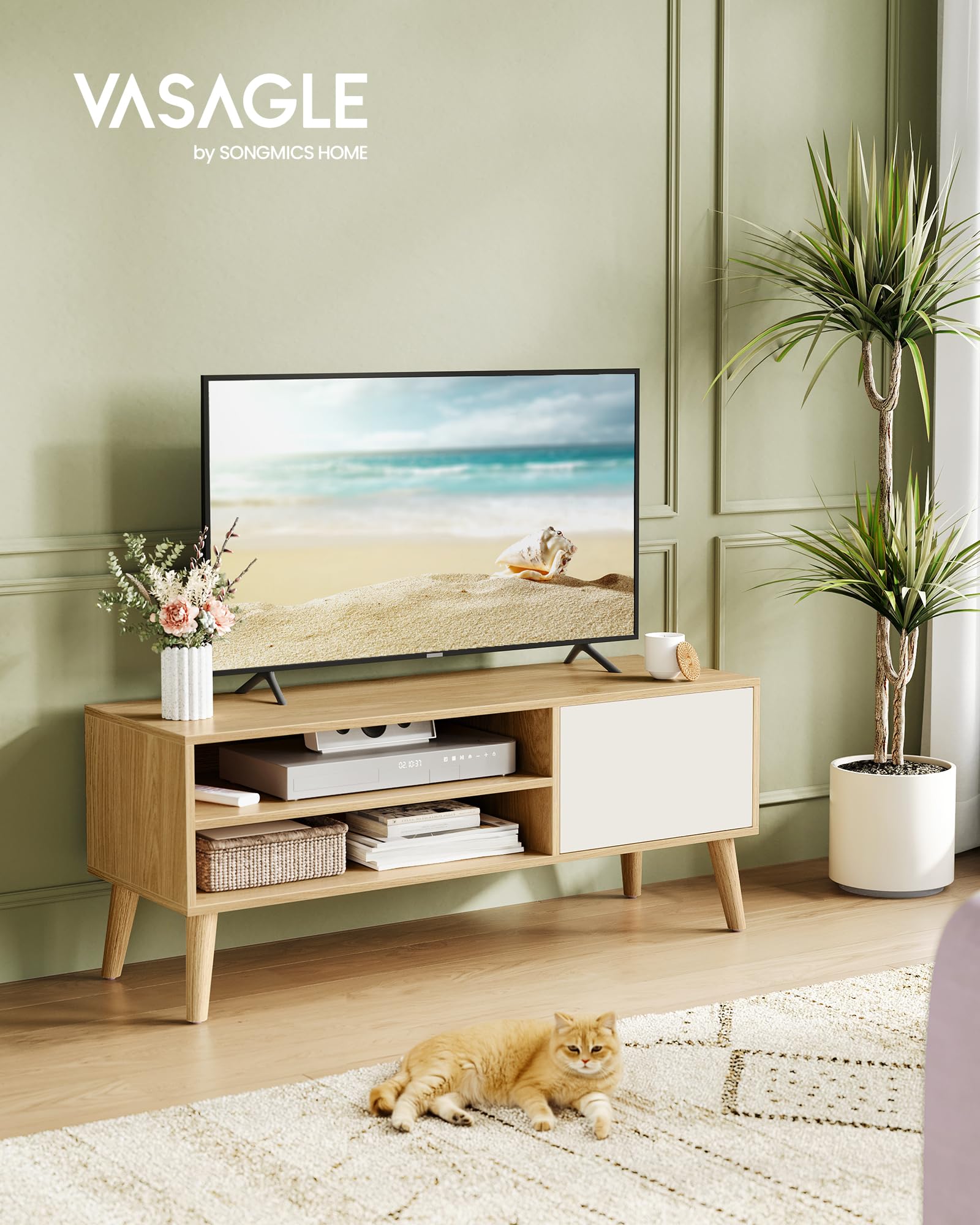 VASAGLE TV-Schrank, Lowboard, für Fernseher bis zu 55 Zoll, 120 cm lang | Fernsehschrank, Fernsehtisch, für Wohnzimmer, Mid-Century Modern, Eiche und Cremeweiss, MIRANTA Kollektion LTV120N01