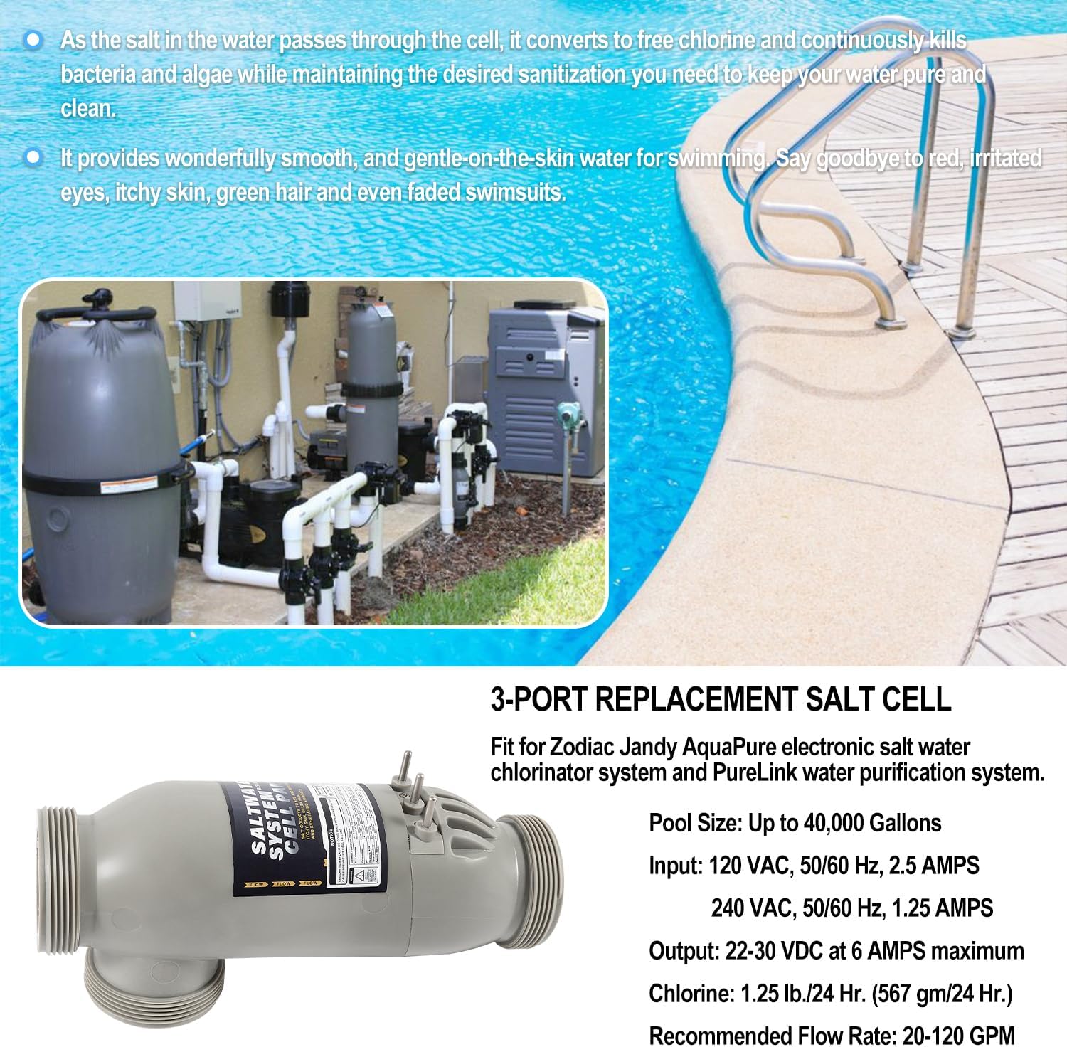 R0452400 3-Port Salt Cell Replacement Parts PLC1400 PLC 1400 Fit for Zodiac Jandy AquaPure PureLink Electronic Salt Water Chlorinator Water Purification System for Pools Up to 40K Gallons
