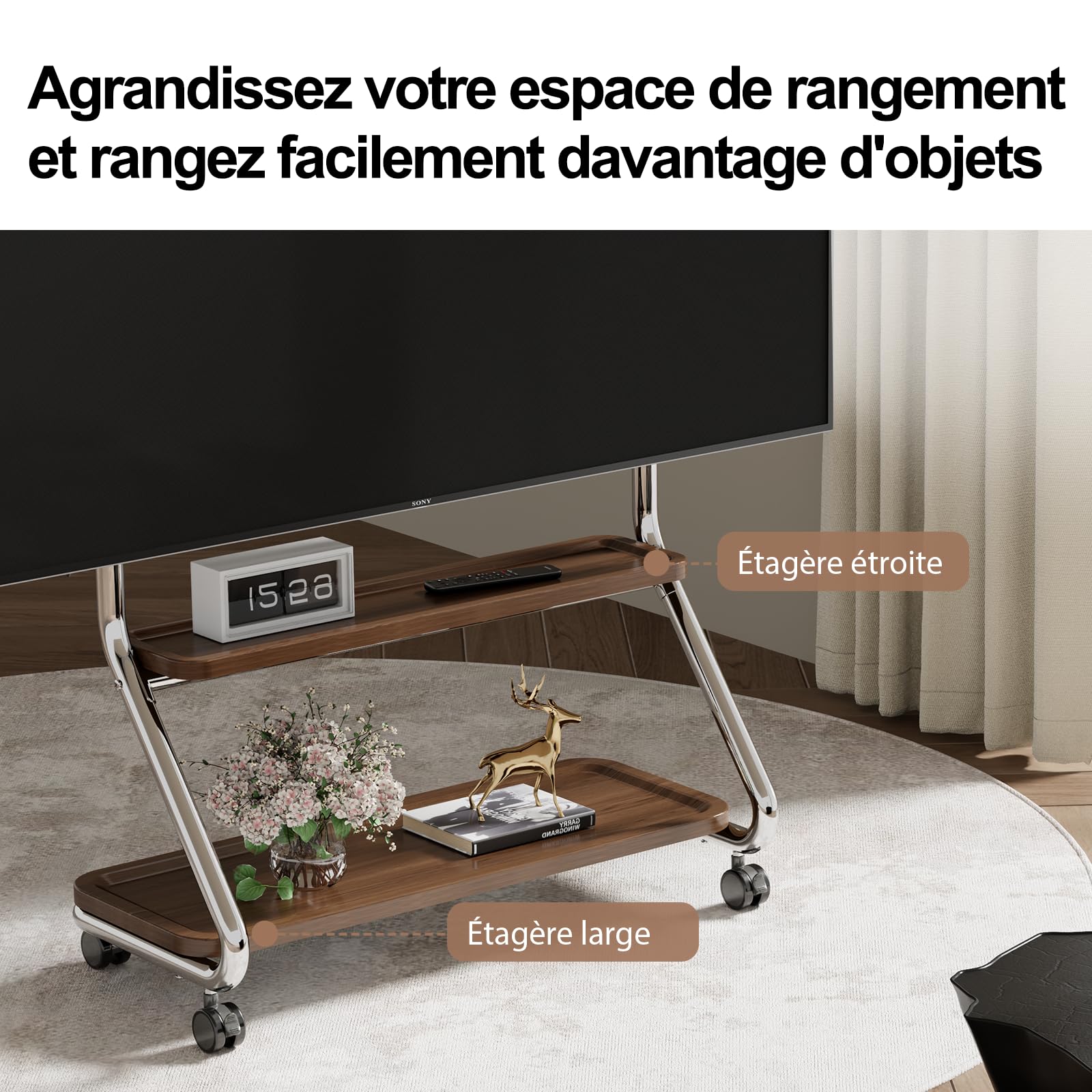 Support TV avec 2 étagères en bois et plaque perforée pour 32-75" Argenté