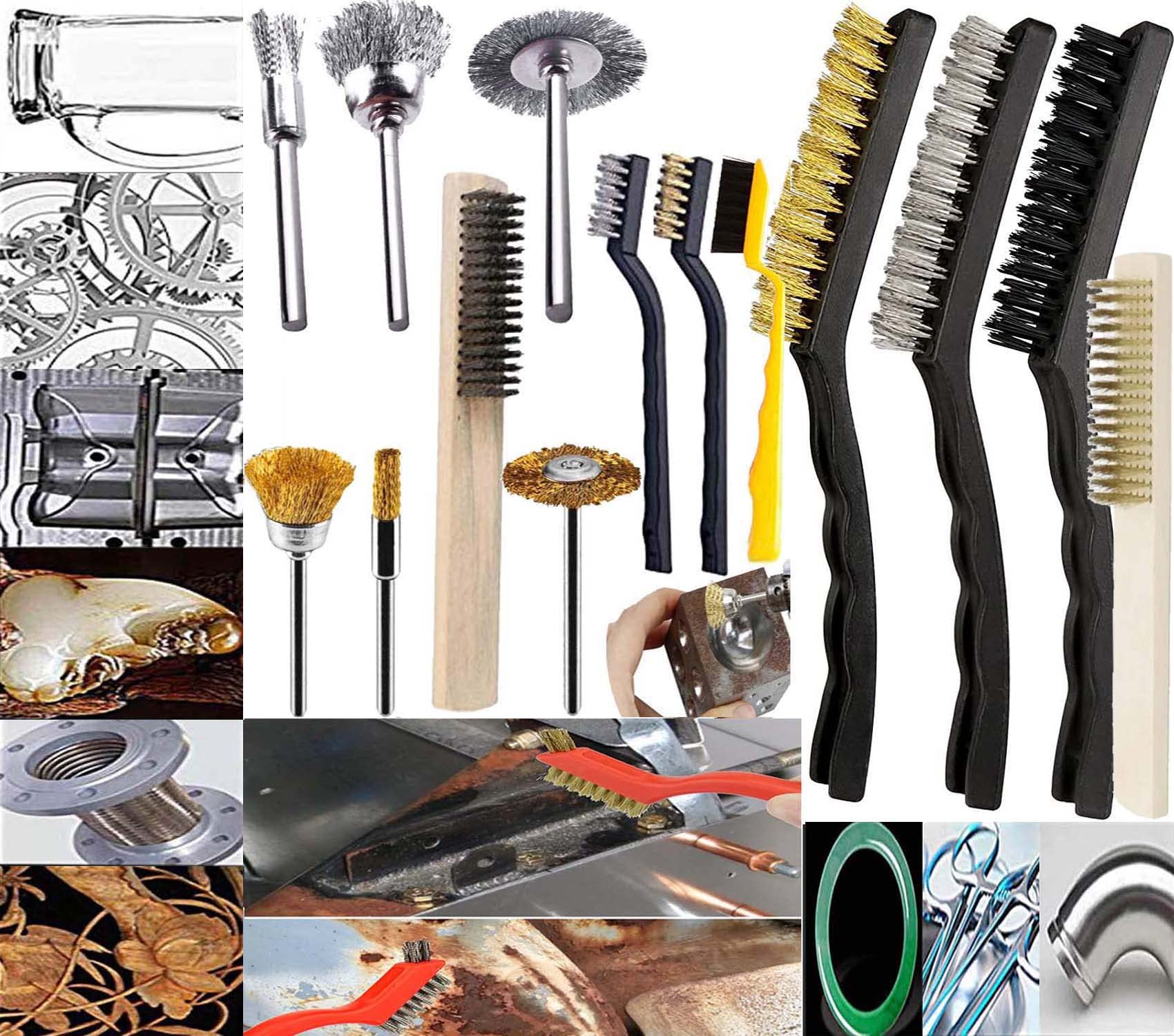 DIY Crafts 14 Pcs Home Kitchen Industrial Kit, Nylon/Brass/Metal Bristles Curved Handle Grip Wire Brushes Handle for Car Auto Engine Carborator Carburator Rust Dirt Paint Scrubbing Deep Cleaning (14)-image-12