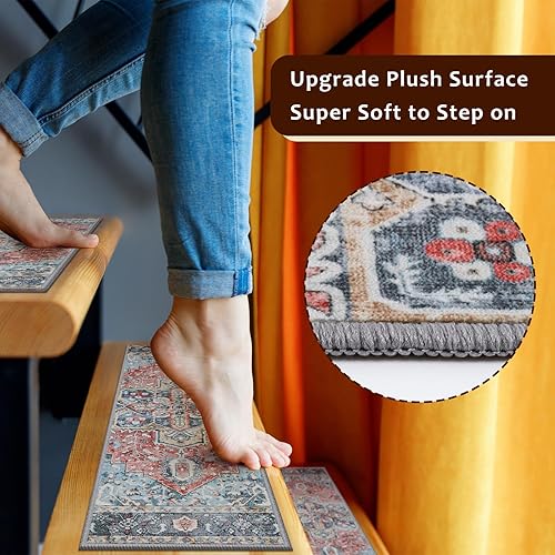 Miniatura 86 de OJIA Alfombra antideslizante a juego para peldaños de madera, parte trasera de goma cuadrada antideslizante, alfombra de aterrizaje para escaleras