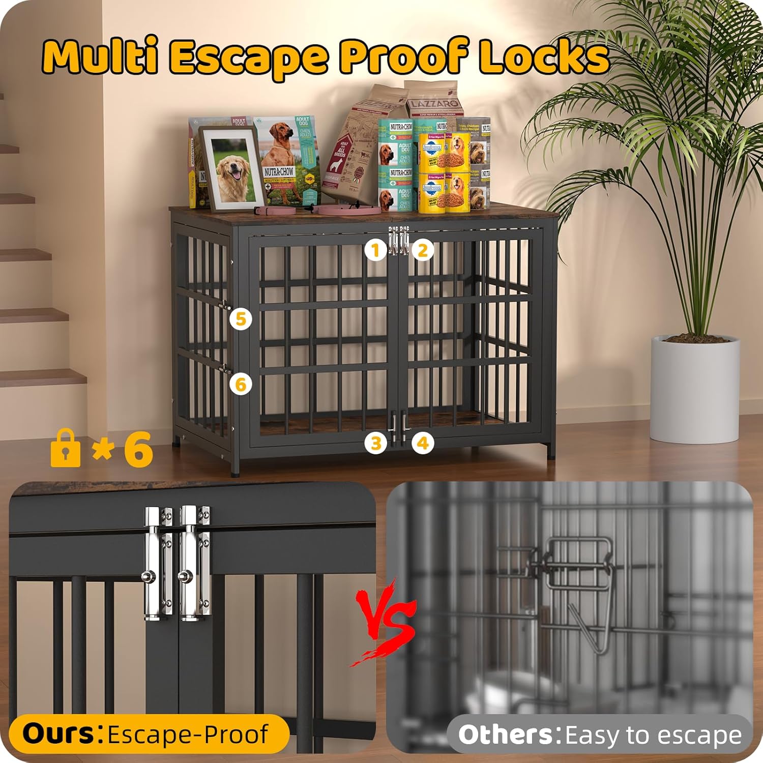 Heavy Duty Dog Crate Furniture 38In, Indestructible Cage for High Anxiety Dogs with Wooden Table for Indoor Decorative, Escape-Proof Locks & Double Door for Medium Large XL XXL Dog, Aged Black