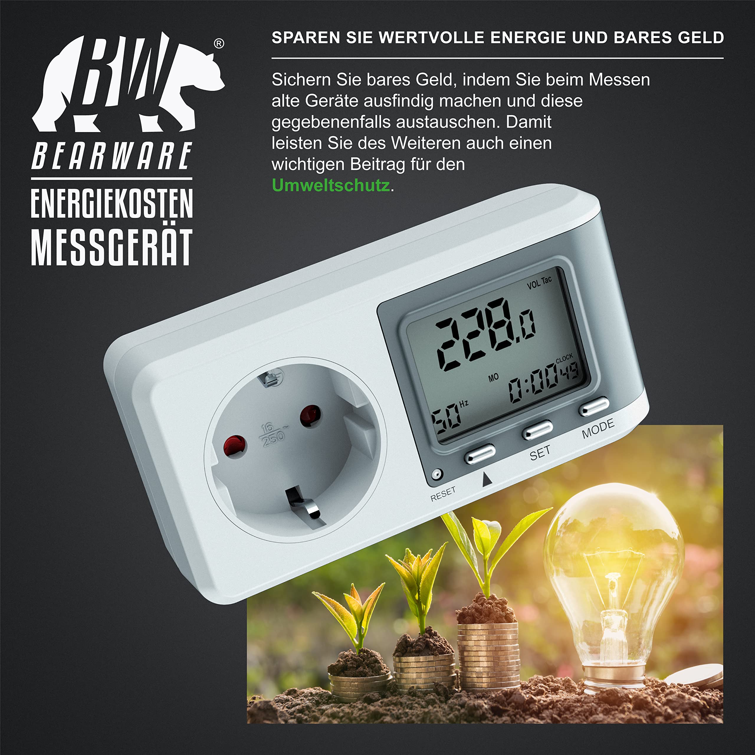 CSL - 3x Stromzähler für Steckdose, Energiekostenmessgerät, Strommessgerät mit erhöhtem Berührungsschutz, Stromverbrauchsmesser 3680W, Energiemessgerät