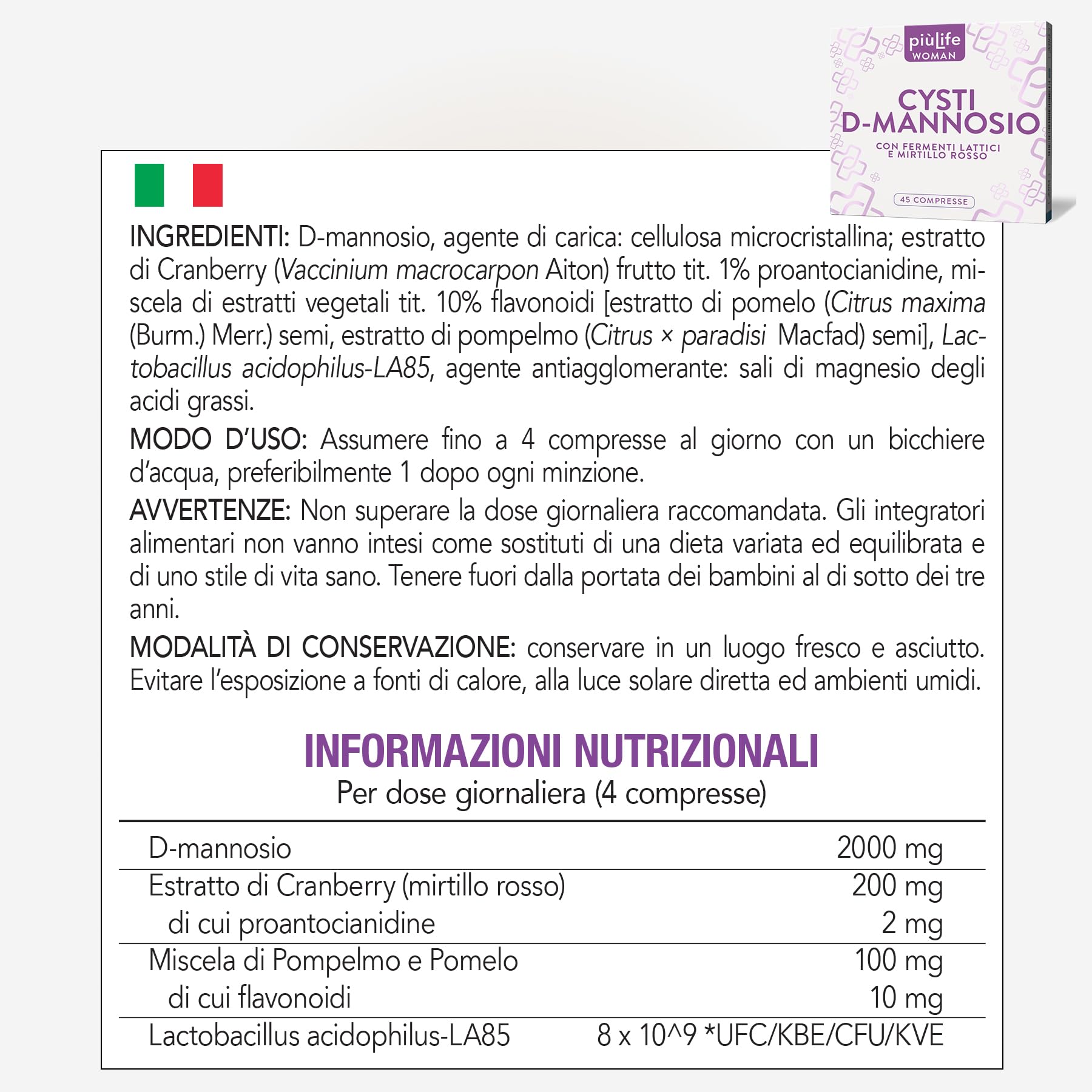D Mannosio Cistite con Mirtillo Rosso Vie Urinarie PiùLife – Con Cranberry, 2000 mg dmannosio puro e Fermenti Lattici – Benessere Intimo Femminile, anche in caso di Candida Vaginosi – 45 compresse