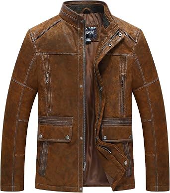 FLAVOR Men Leather Vintage Jacket Warm Winter Coat with Stand Collar | Genuine leather, Windproof, Multi-pocket, Slim fit, Daily wear
