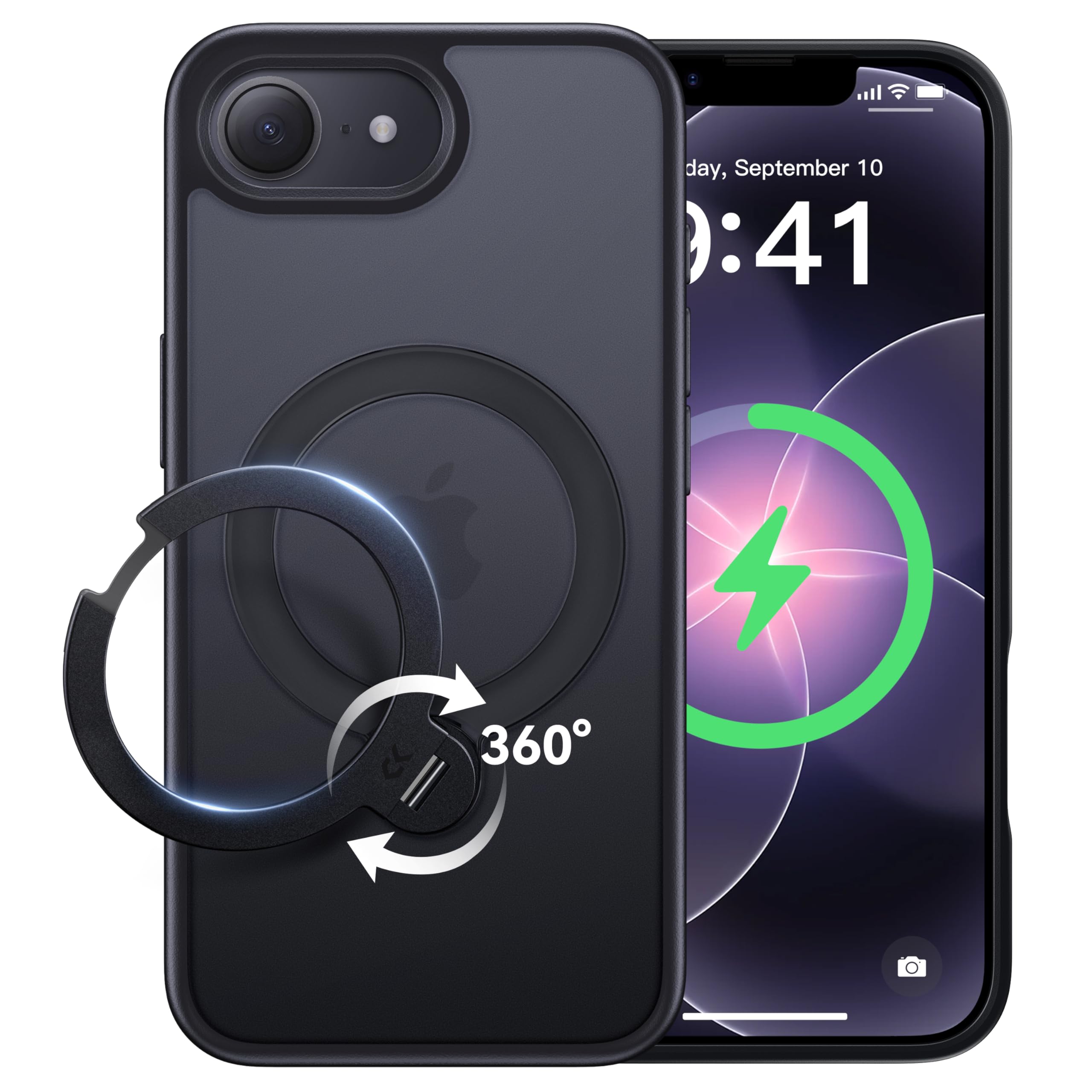 【2026最高傑作&定点360度回転】CASEKOO iPhone 17e/16e 用 ケース 米軍MIL規格 耐衝撃 MagSafe対応 高耐久性【横縦両立・角度自由調整】急速充電対応 指紋防止/マット仕上げ/黄変防止/半透明 超強磁力 ラップホール付き ワイヤレス充電対応 アイフォン17e/16e 用ケース 6.1インチ「MagicStand Pro」(ブラック)