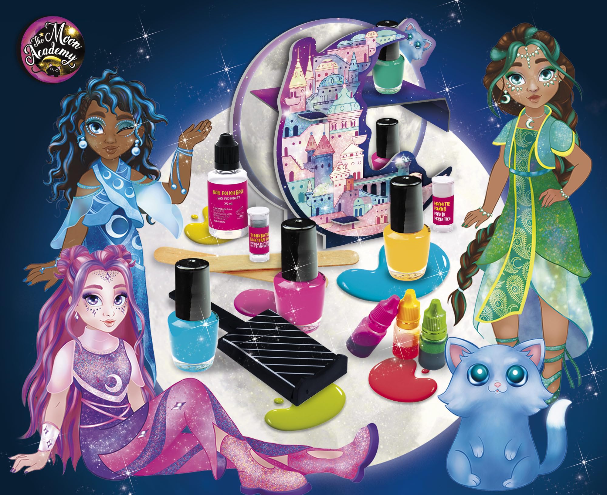 Lisciani - The Moon Academy : Nail Art Lunaire - Zestaw do tworzenia lakierów do paznokci dla dzieci od 7 lat - Lakier z efektem magicznym - Lakier fosforyzujący, Zmienia Kolory, Magnetyczny