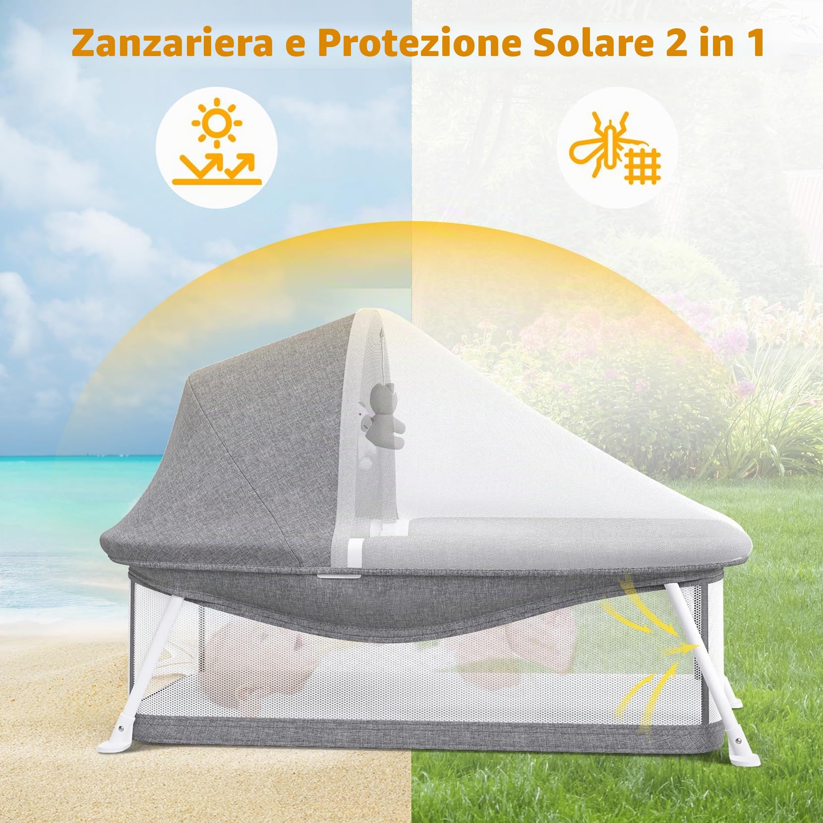 Lettino da Viaggio per Bambini, Adatto per bebè da 0 a 5 mesi, Tenda da Viaggio Pieghevole, Facile da Piegare, Dotato di Zanzariera e Giocattoli, Superficie 80 x 40 cm (Grigio)