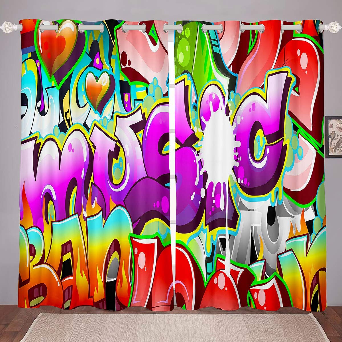 Loussiesd Tendaggio hippie graffiti hip hop rock musica finestra tendaggi per ragazzi ragazze graffiti modello trattamenti finestra traspirante cultura strada tendacamera W66* L72
