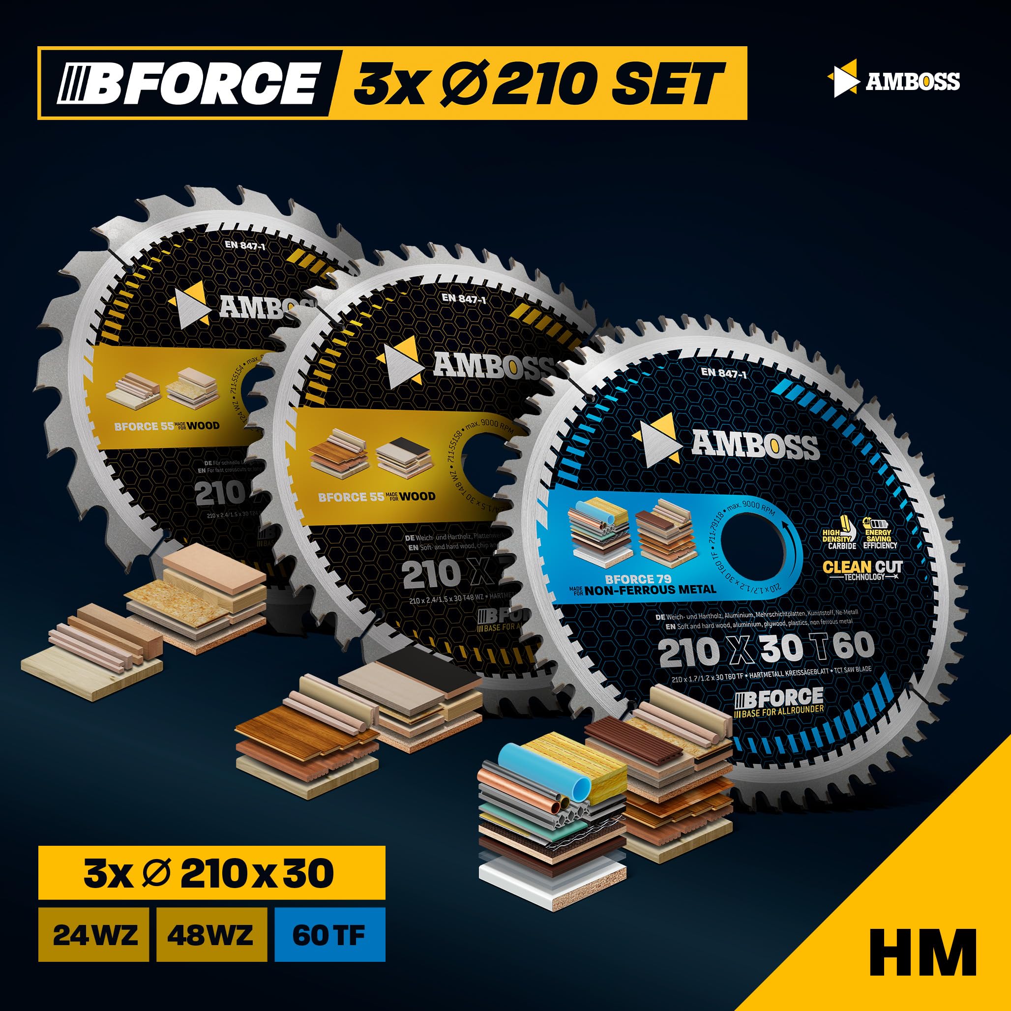 Ø 210 x 30 zestaw ręcznych brzeszczotów do piły tarczowej pasuje do Makita 5008 MG, Festool TS75EBQ - AMBOSS WERKZEUGE® 210 x 30 asortyment brzeszczotów do piły