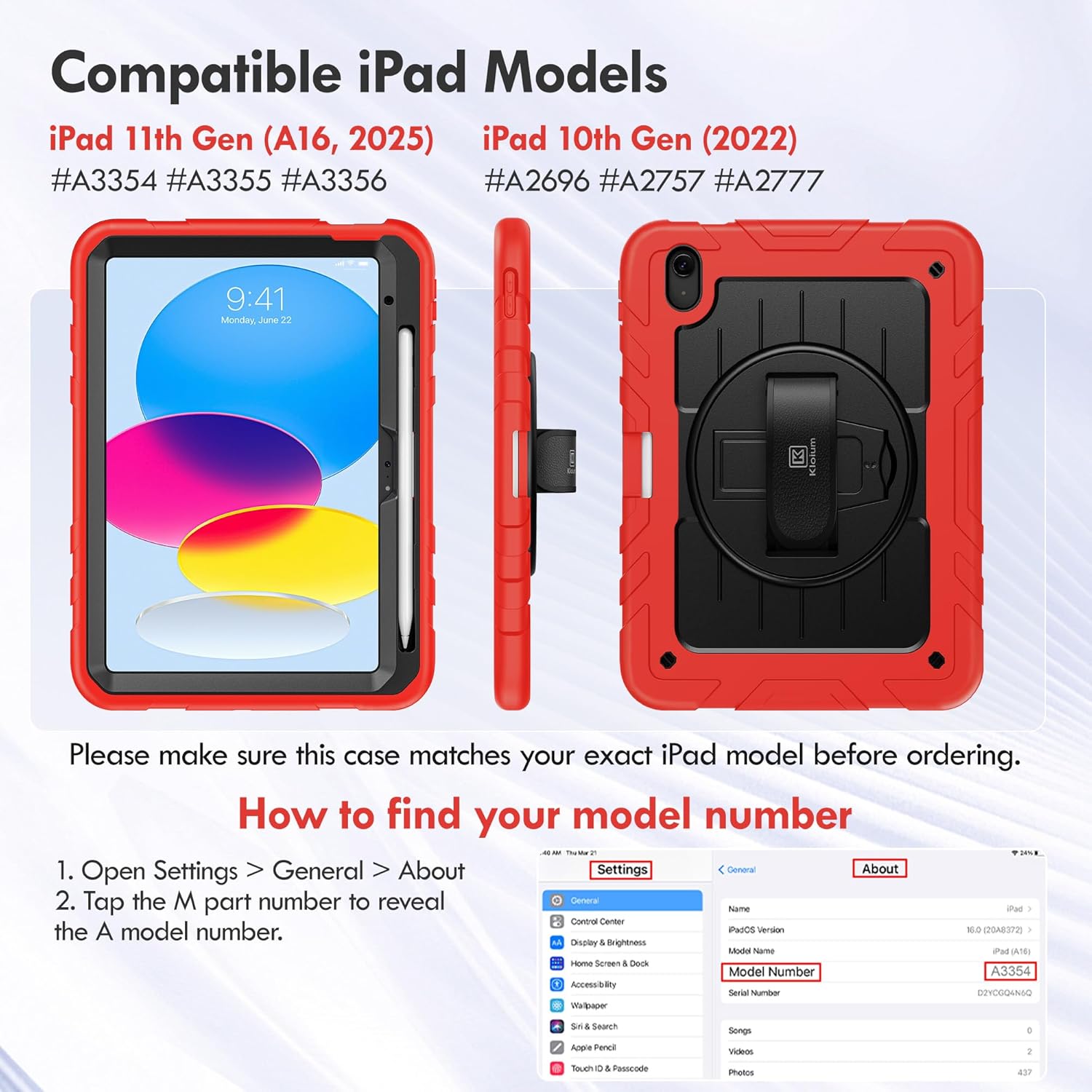 Case for iPad A16 (2025) 11th/10th Gen (11″/10.9″, 2022), Heavy Duty Shockproof Full-Body Cover with Pencil Holder, 2-in-1 Hand/Shoulder Strap, 360° Rotating Kickstand (Black+Red)