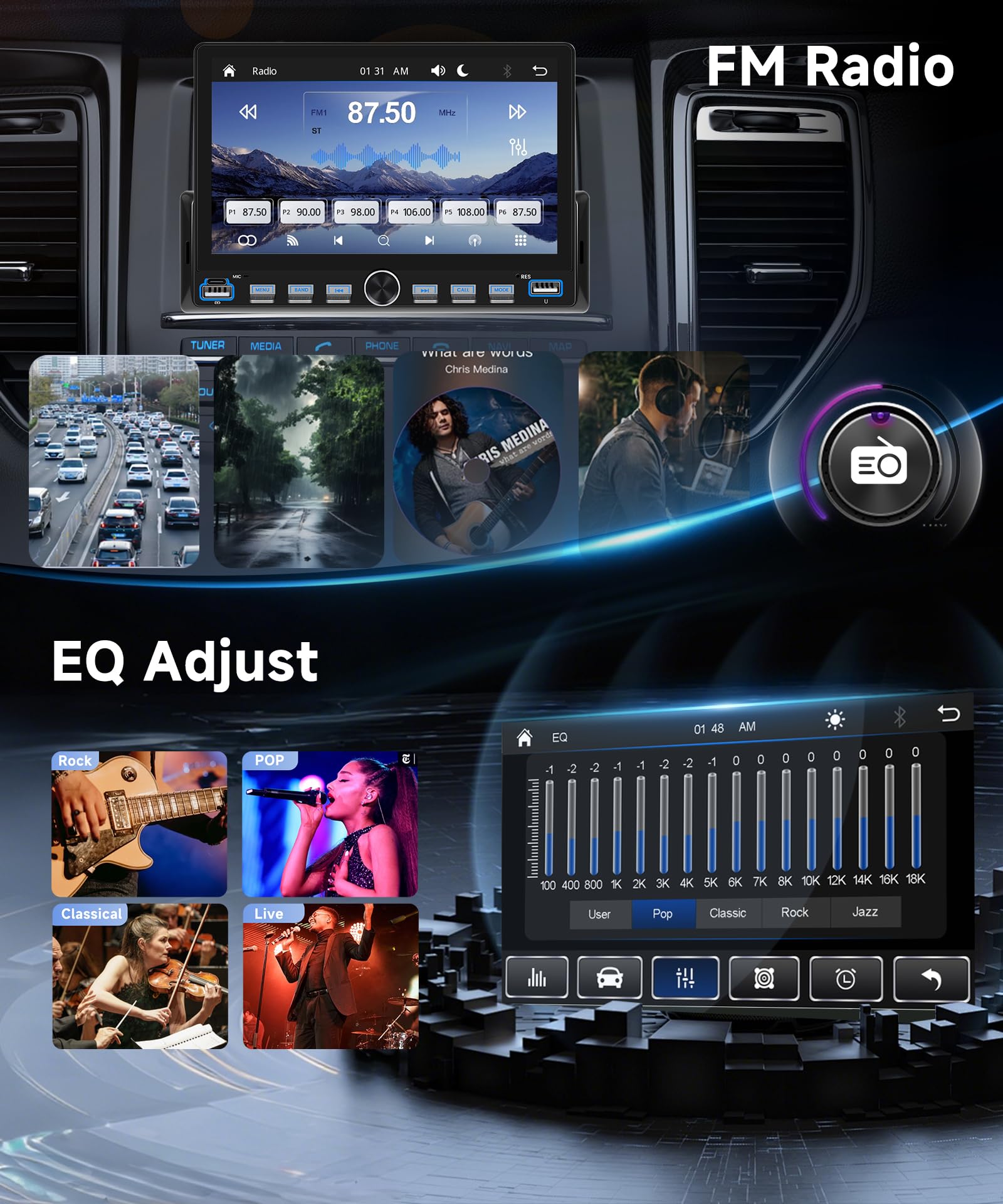 VECHTEL Autoradio 1 Din Touches de Piano avec Carplay Android Auto sans Fil, 7 Pouces IPS HD Écran Tactile Poste Radio Voiture Soutien Bluetooth Radio FM EQ USB/Type-C Mirror Link SWC Caméra de Recul