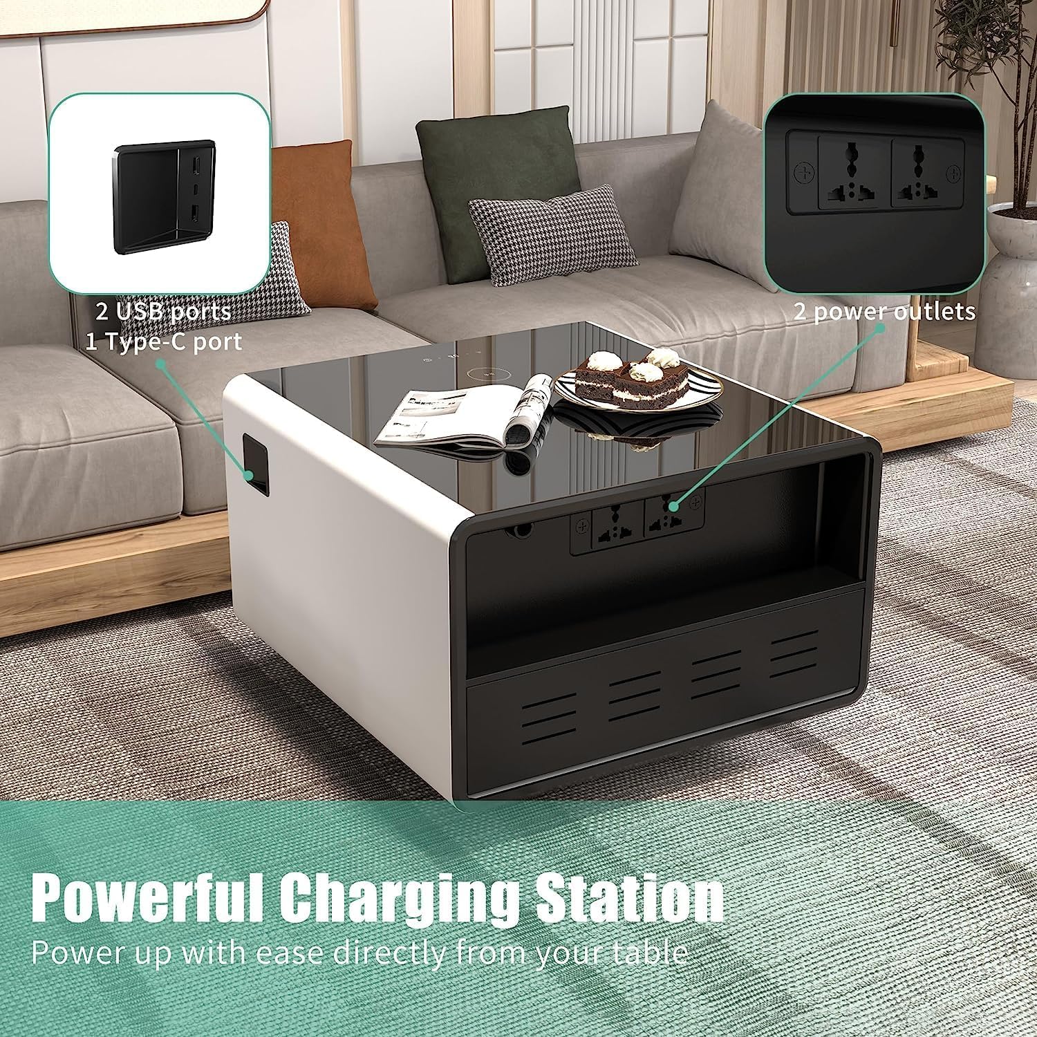 BEdaw Table de Chevet Intelligente Avec Chargeur Sans Fil Table de Chevet Avec Armoire de Chambre À Lumière Led Réglable Avec 2 Tiroirs Pour Meubles de Chambre À Coucher/White