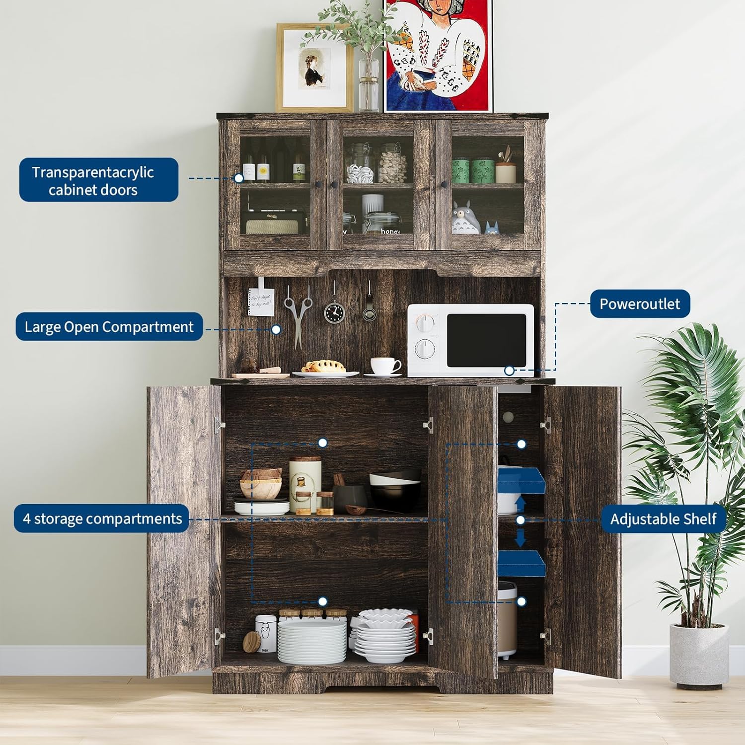 Garvee Rustic Brown Kitchen Pantry Cabinet with Charging Station, Farmhouse Freestanding Kitchen Hutch Cupboard Storage Cabinet with Countertop for Living Room 15.2 in d× 40.35 in w× 70 in h