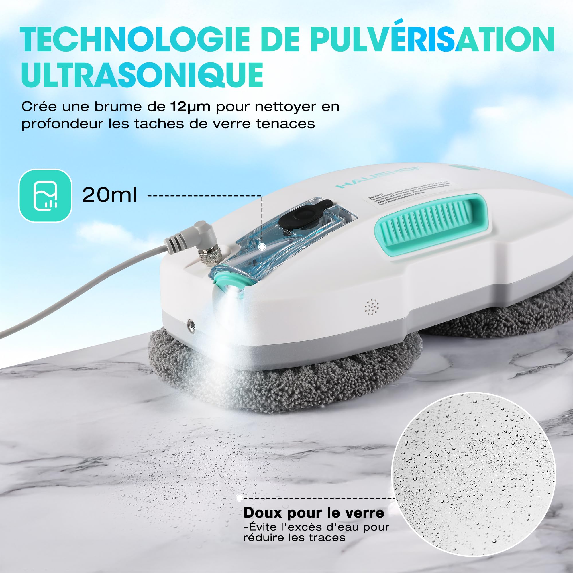 HAUSHOF Robot Nettoyeur de Vitres, Robot Laveur de Vitre Automatique, Nettoyeur de Vitres Électrique, Aspiration Puissante 3800Pa, Détection des Bords, Télécommandé, pour Surfaces Lisses